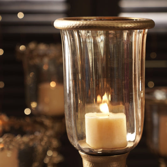 Amber & Gold Tall Hammered Glass Hurricane Candle Holder