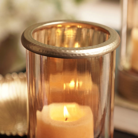 Amber & Gold Glass Candle Holder with Metal Base - Large
