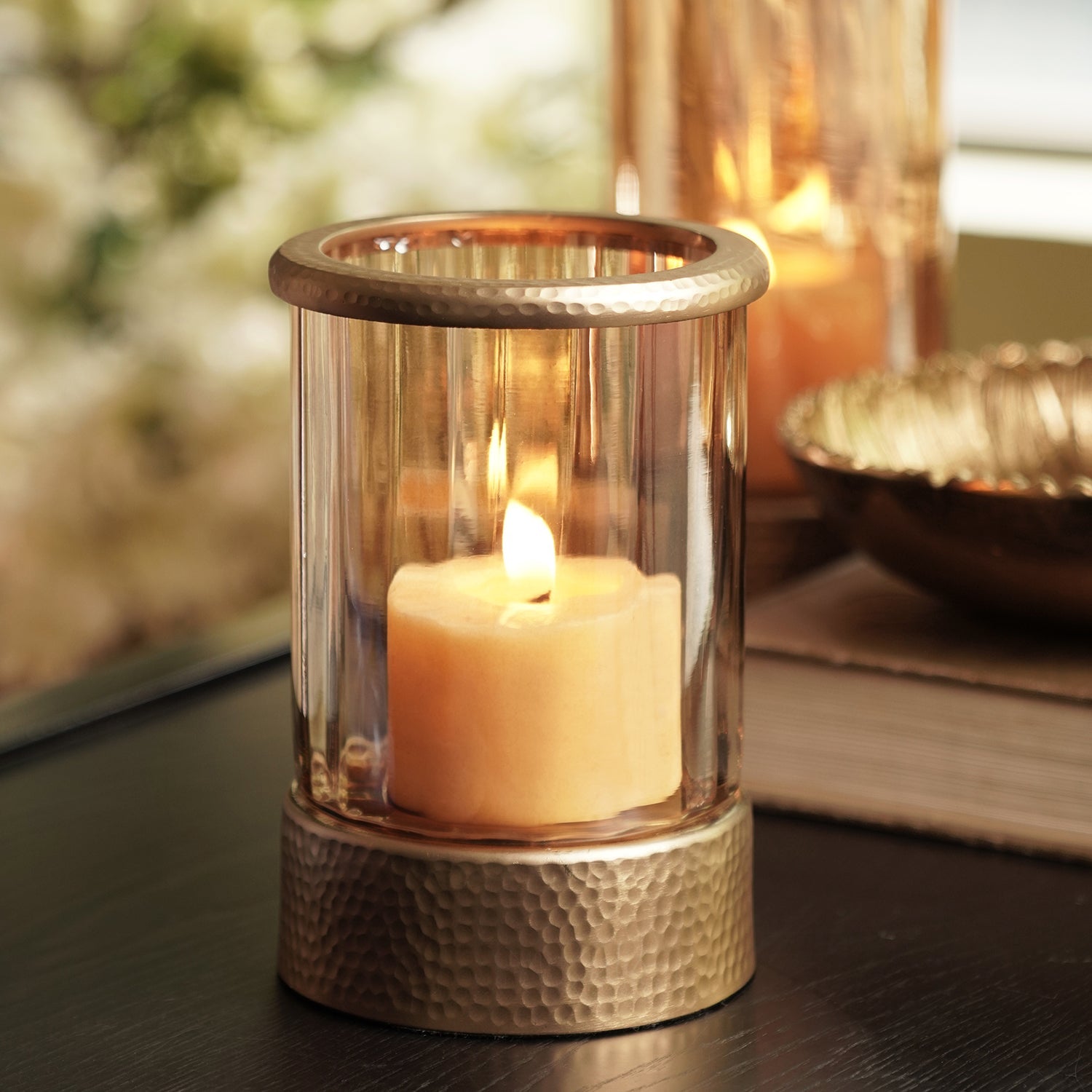 Amber & Gold Glass Candle Holder with Metal Base - Small
