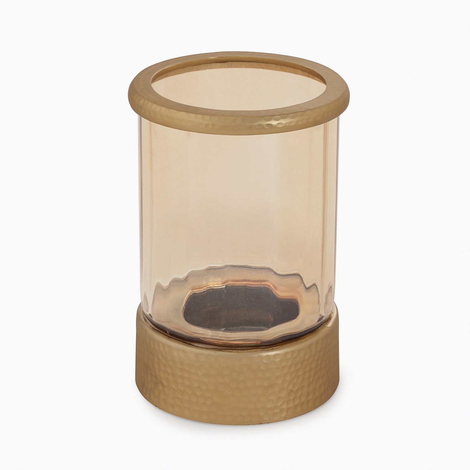 Amber & Gold Glass Candle Holder with Metal Base - Small