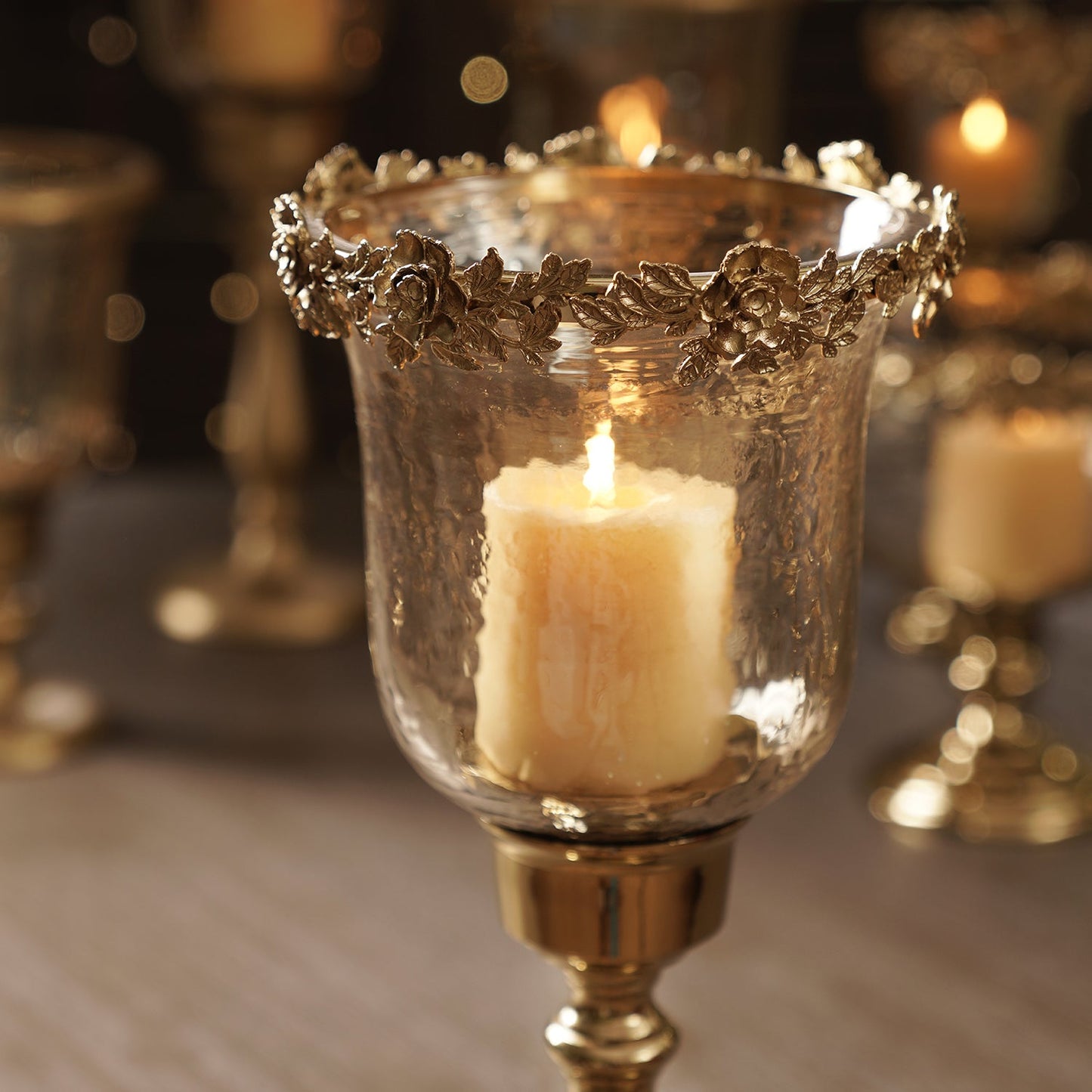 Amber & Gold Glass Hammered Candle Holder - Large