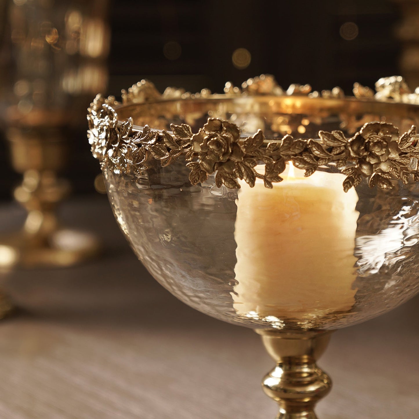 Amber & Gold Glass Hammered Bowl with Stand - Large