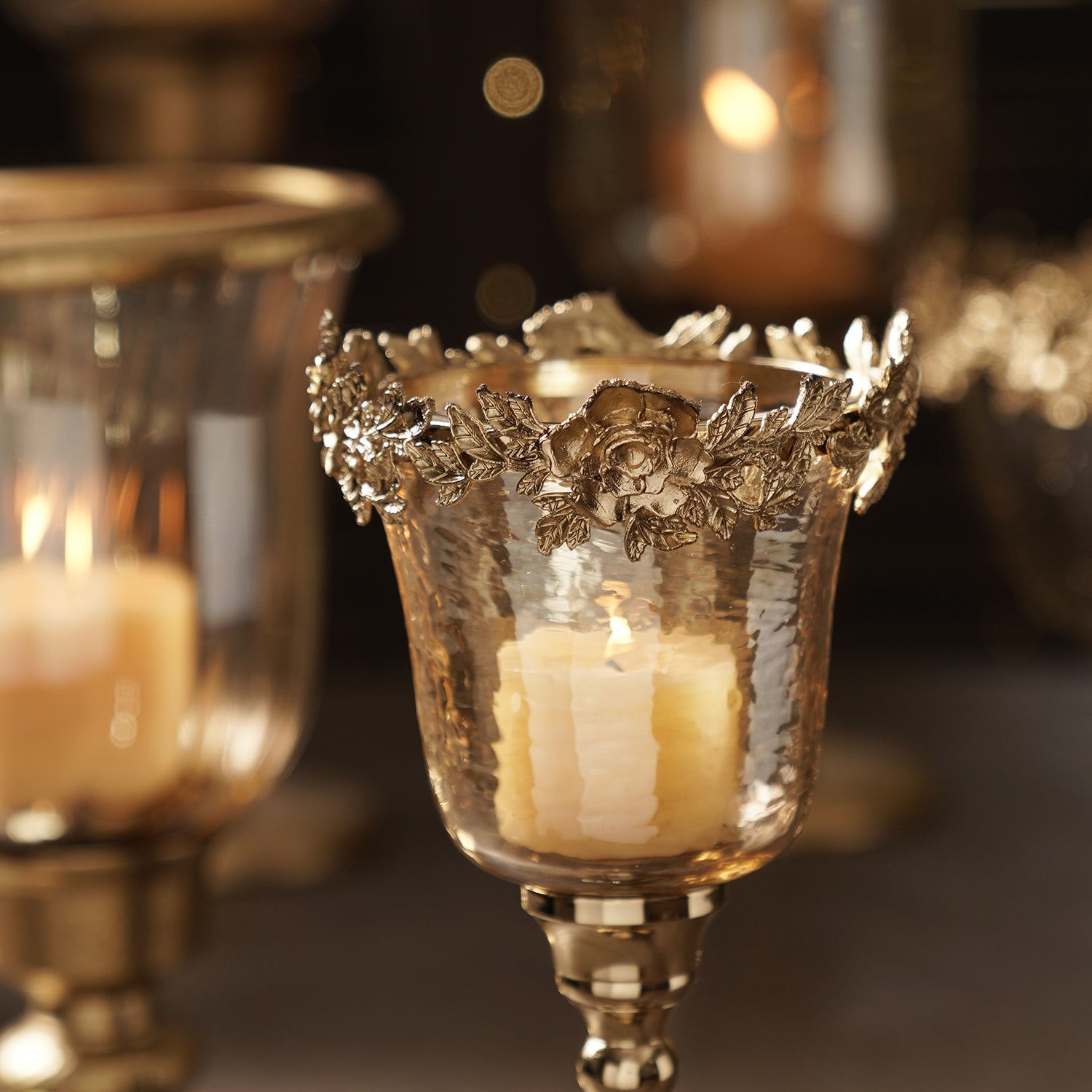 Amber & Gold Hammered Candle Holder with Stand - Small
