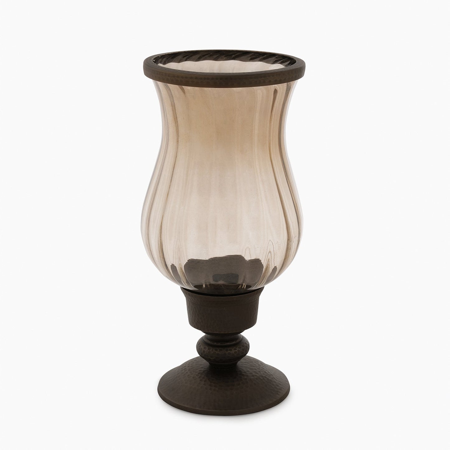 Brown Antique Glass Hurricane with Hammered Base