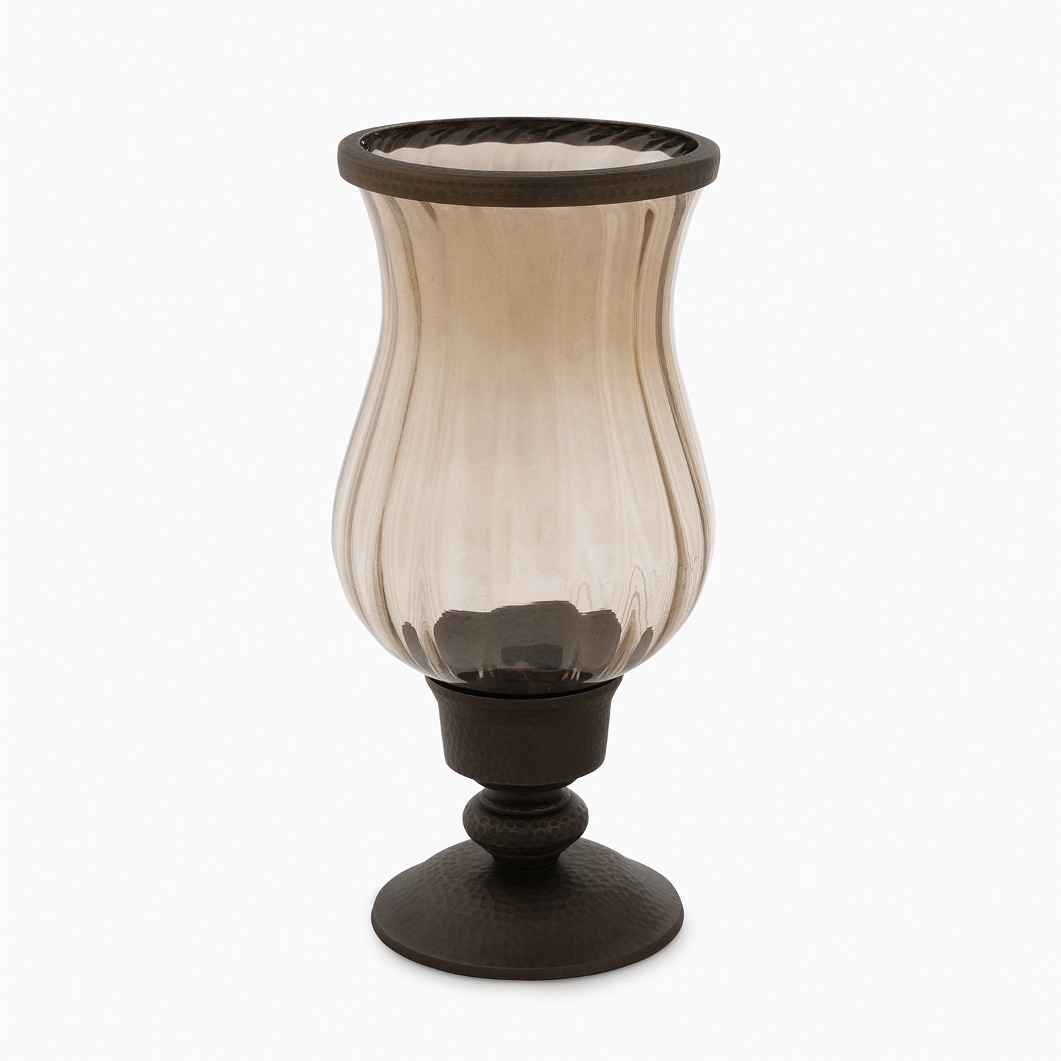 Brown Antique Glass Hurricane with Hammered Base