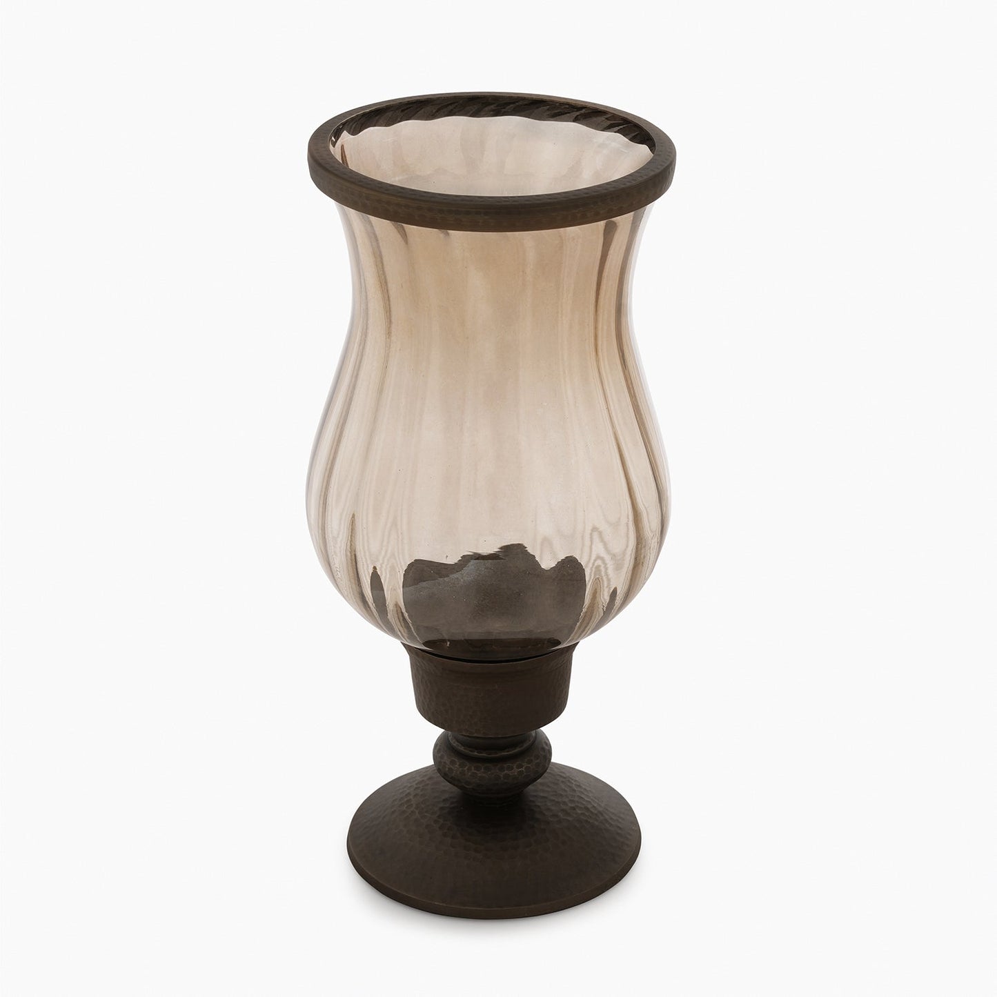 Brown Antique Glass Hurricane with Hammered Base