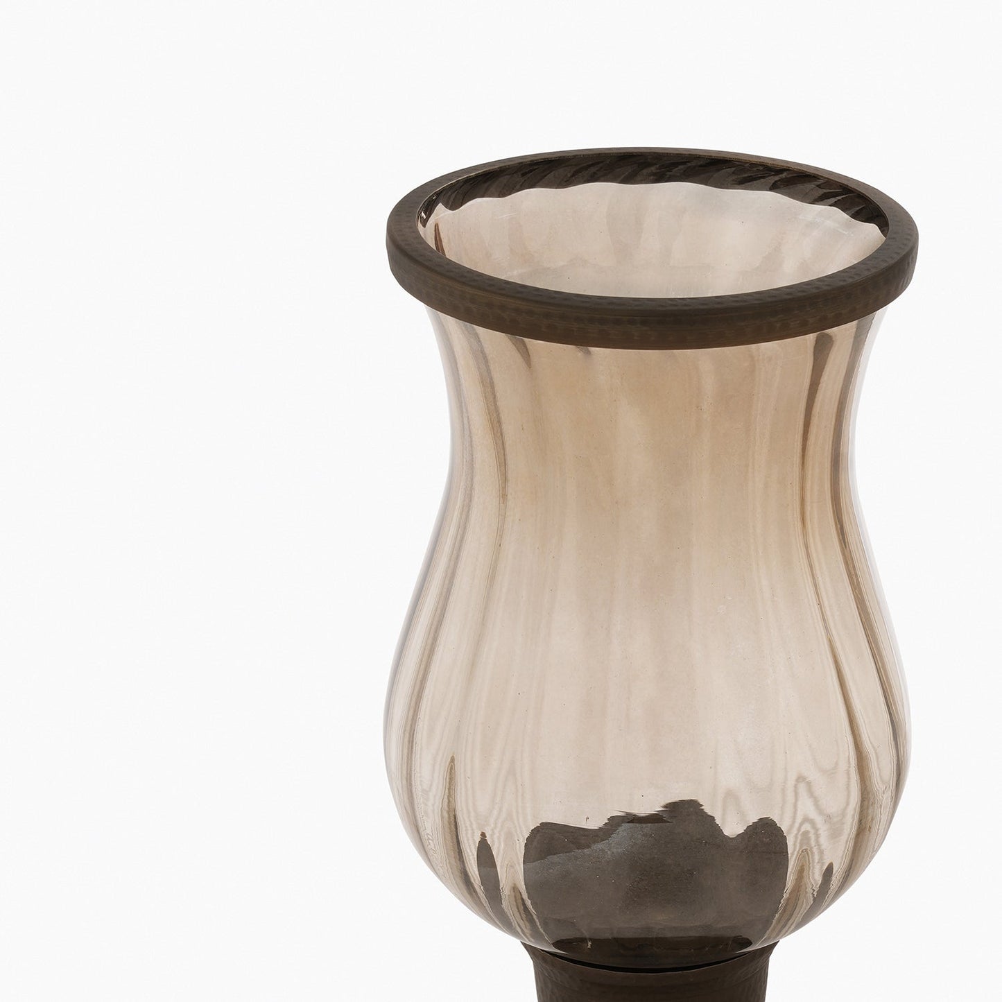 Brown Antique Glass Hurricane with Hammered Base