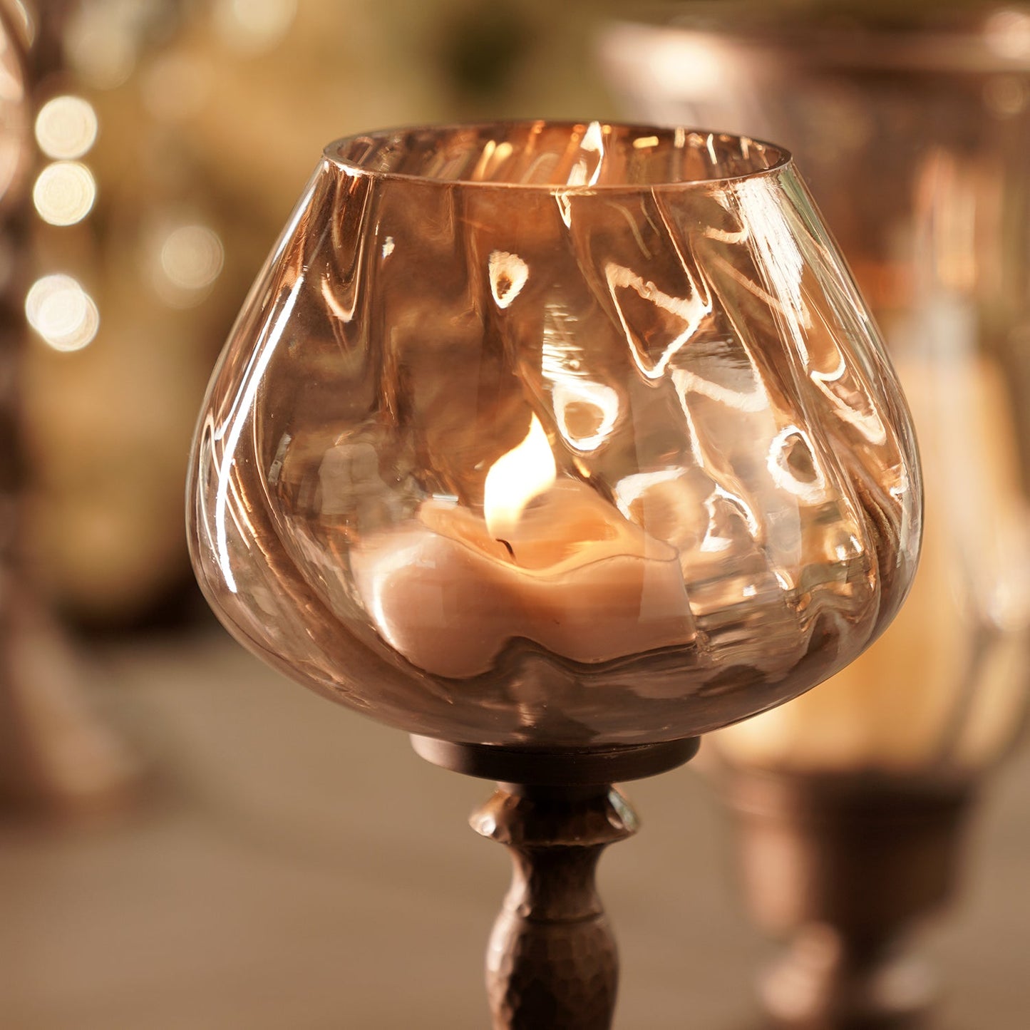 Brown Antique Glass Candle Holder with Hammered Base