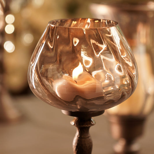 Brown Antique Glass Candle Holder with Hammered Base