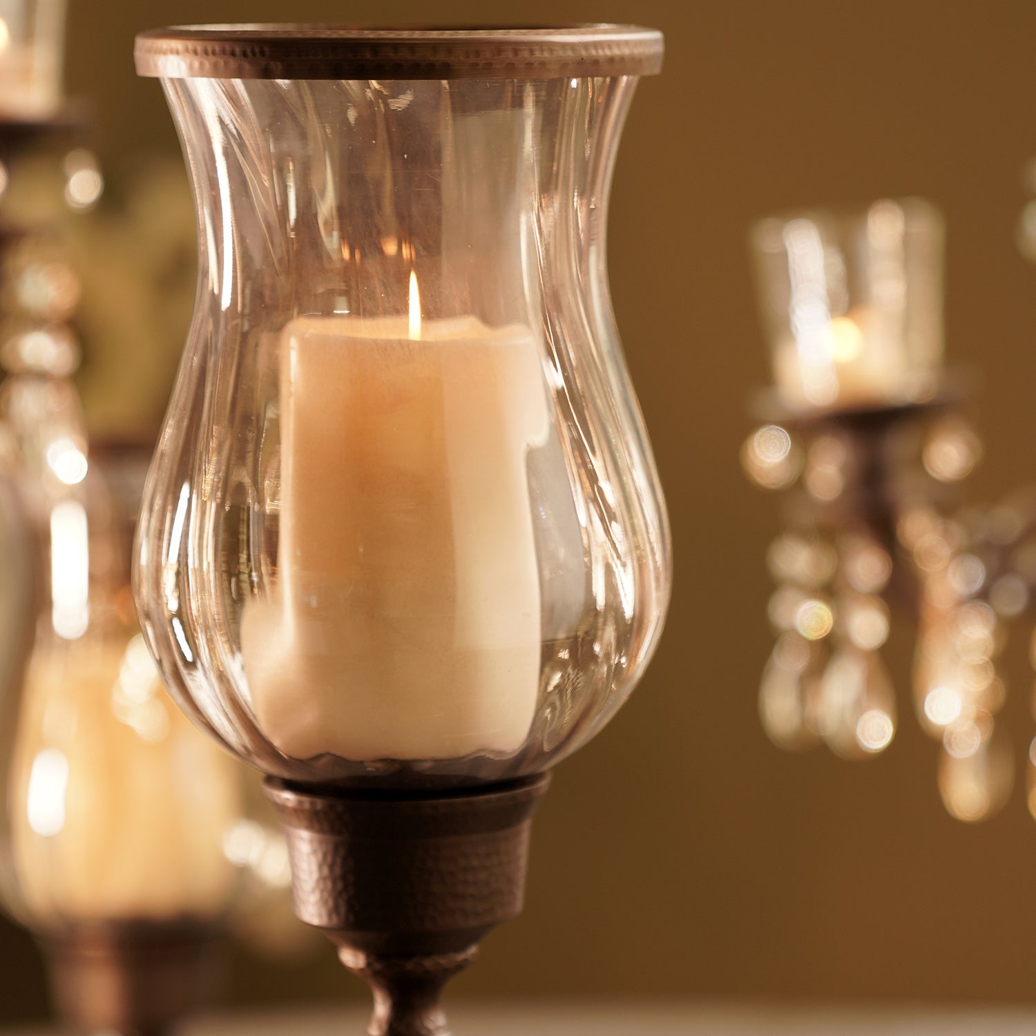 Brown Antique Glass Hurricane with Hammered Stand