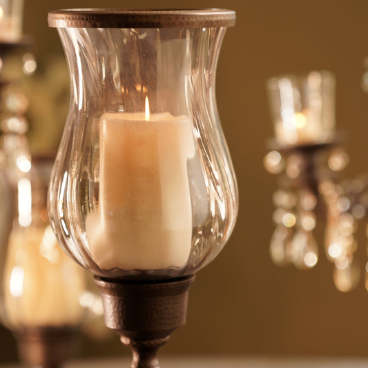 Brown Antique Glass Hurricane with Hammered Stand