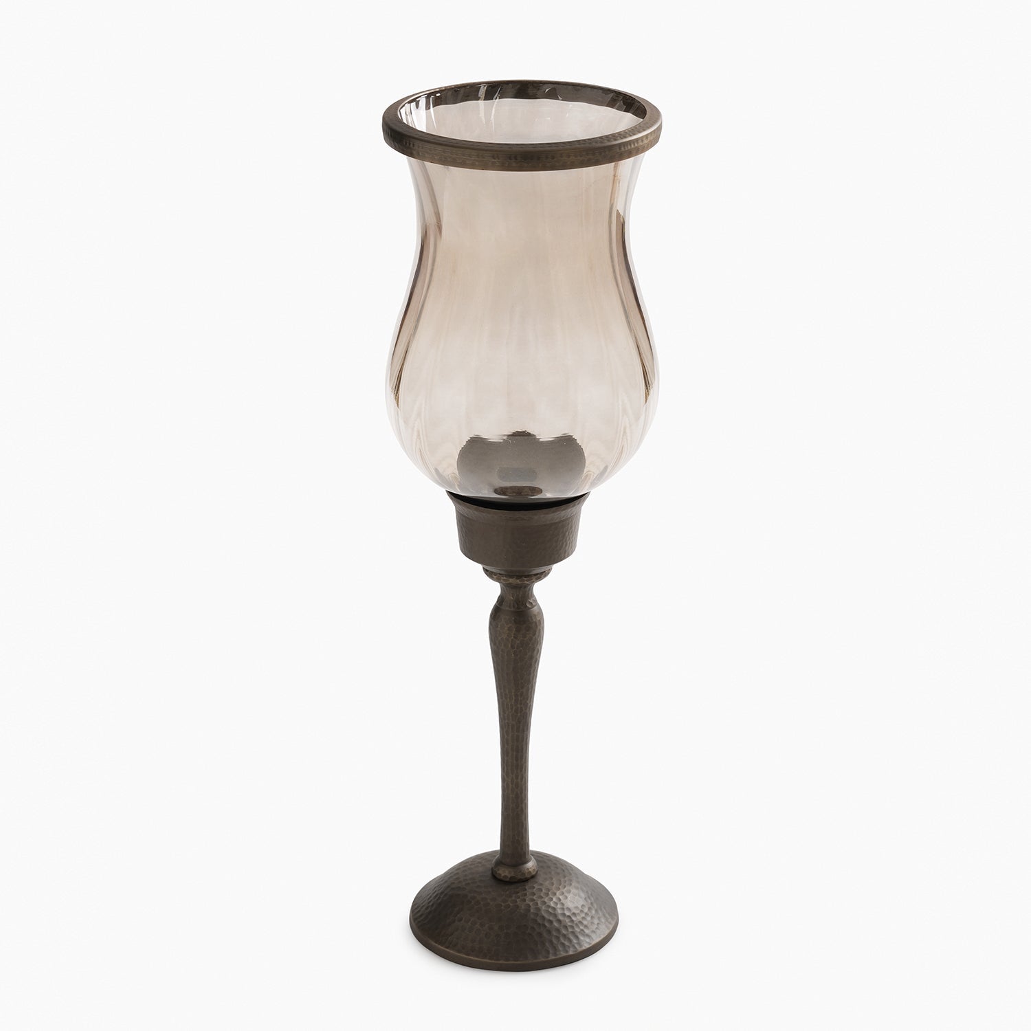 Brown Antique Glass Hurricane with Hammered Stand