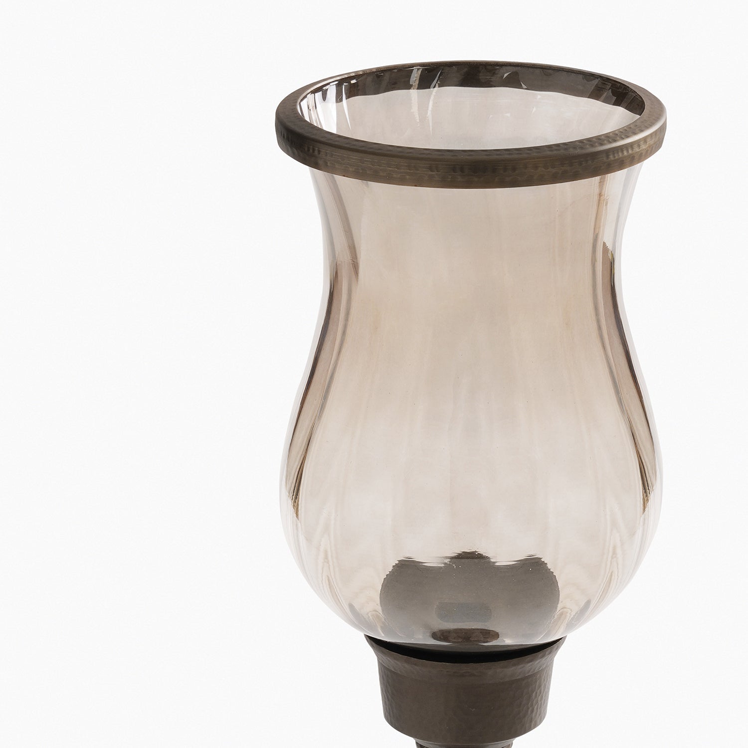Brown Antique Glass Hurricane with Hammered Stand
