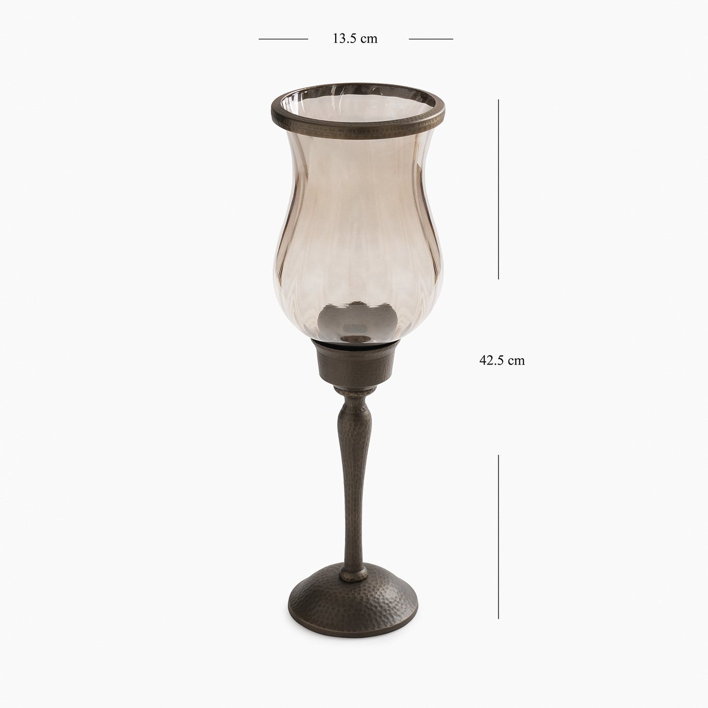 Brown Antique Glass Hurricane with Hammered Stand