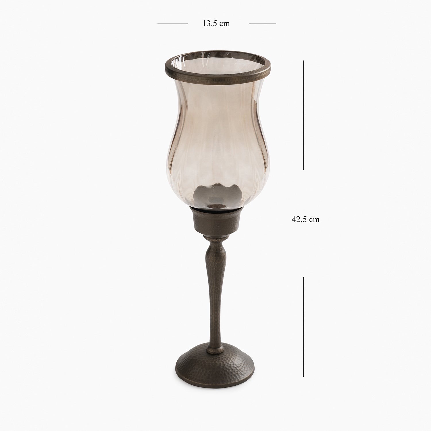 Brown Antique Glass Hurricane with Hammered Stand