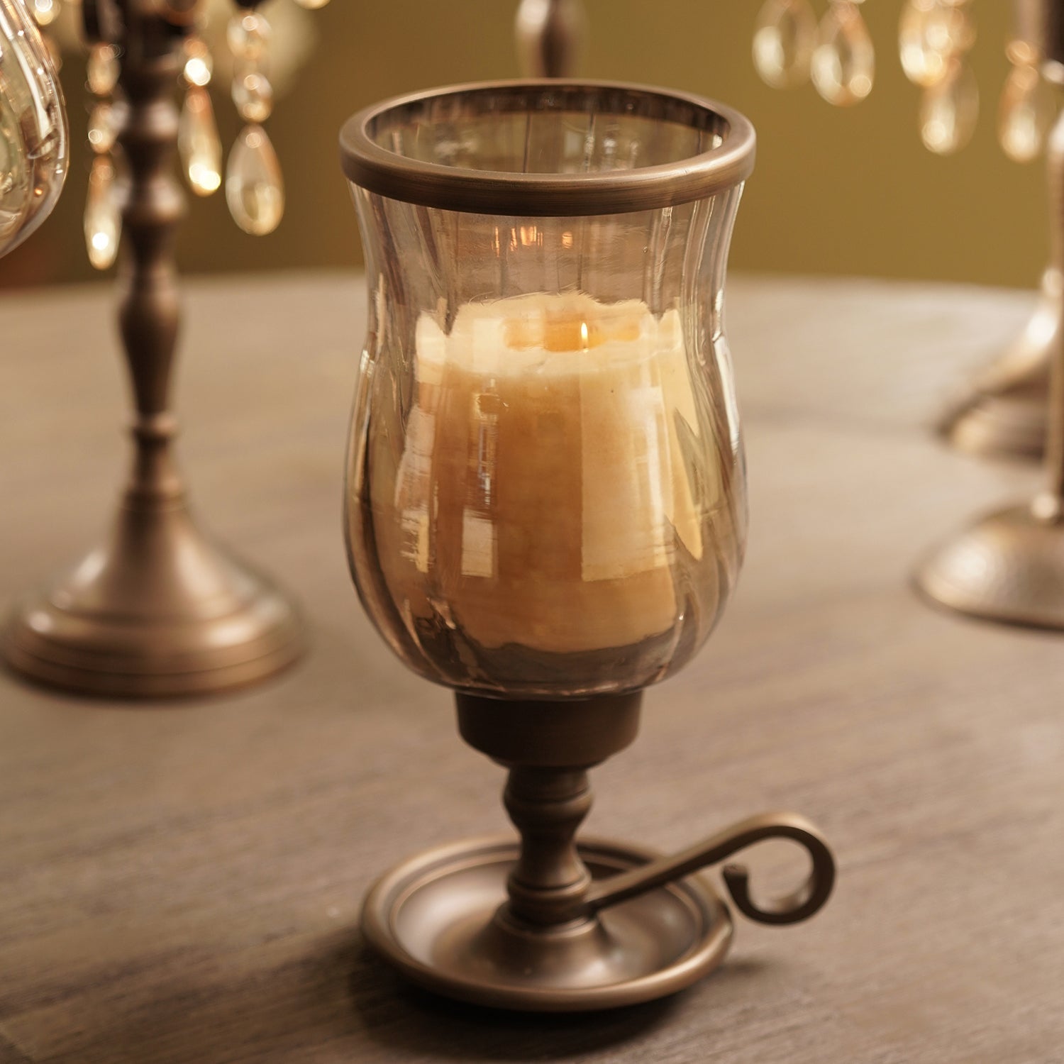 Brown Antique Finish Glass Candle Holder with Metal Handle