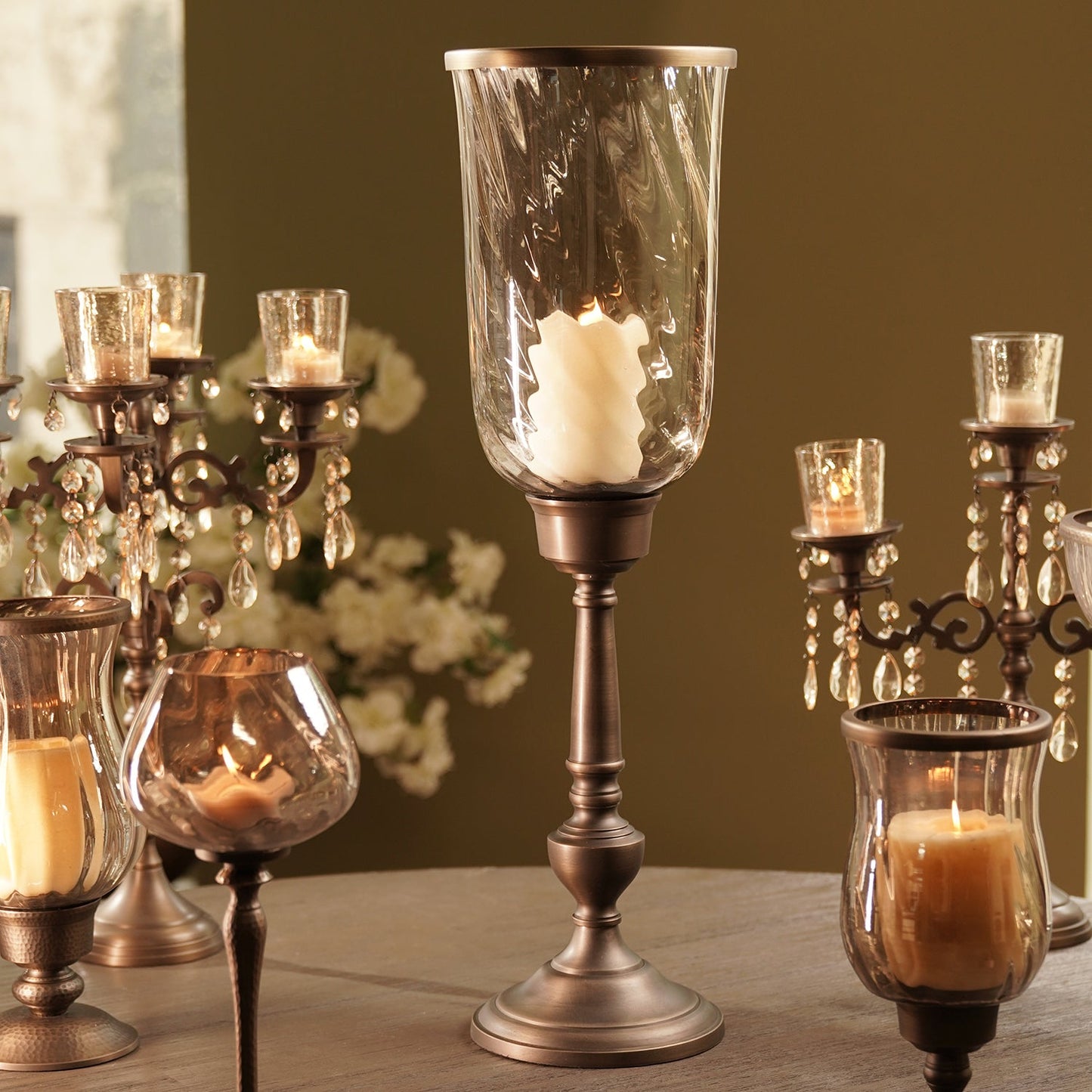 Brown Antique Glass Candle Holder with Metal Base
