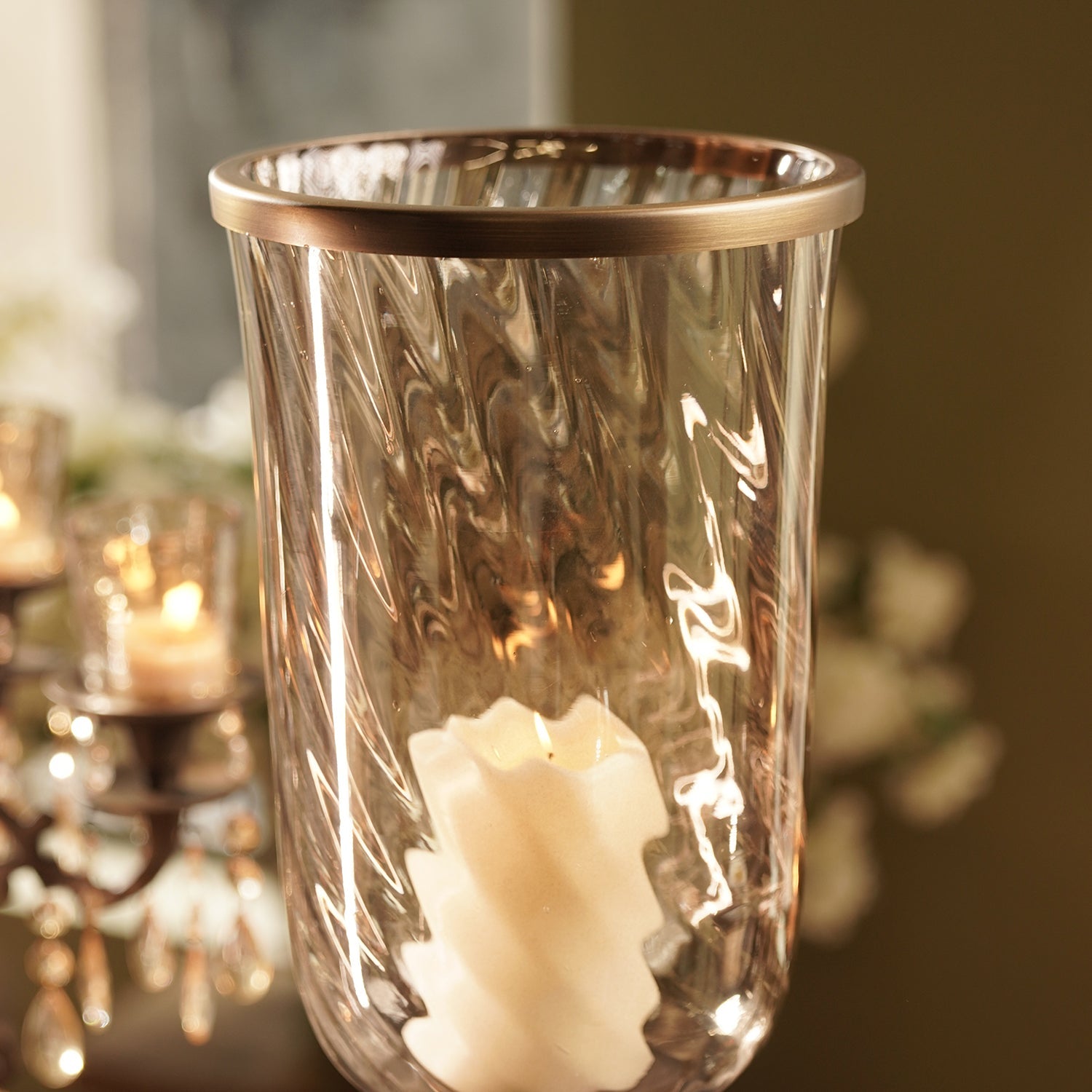 Brown Antique Glass Candle Holder with Metal Base