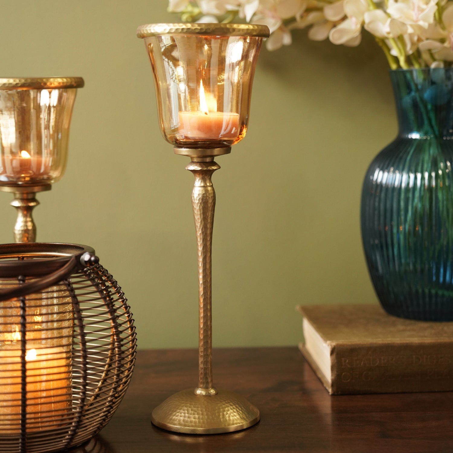 Amber & Gold Votive Candle Holder with Base - Large