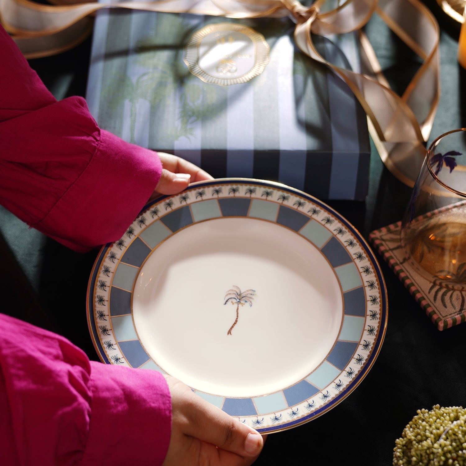 Set of 2 Blue Palmetto Print Porcelain Dessert Plates