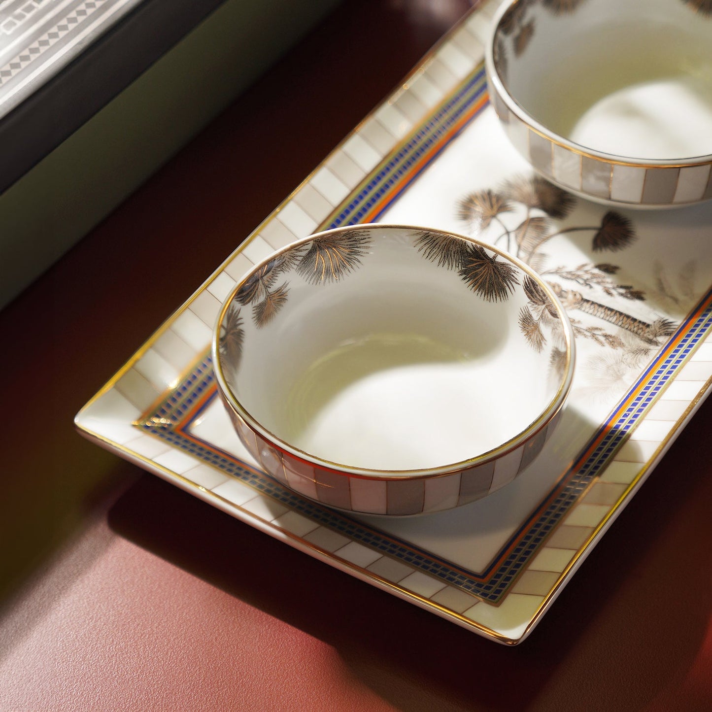 Beige & White Palmier Print Porcelain Tray with Bowls
