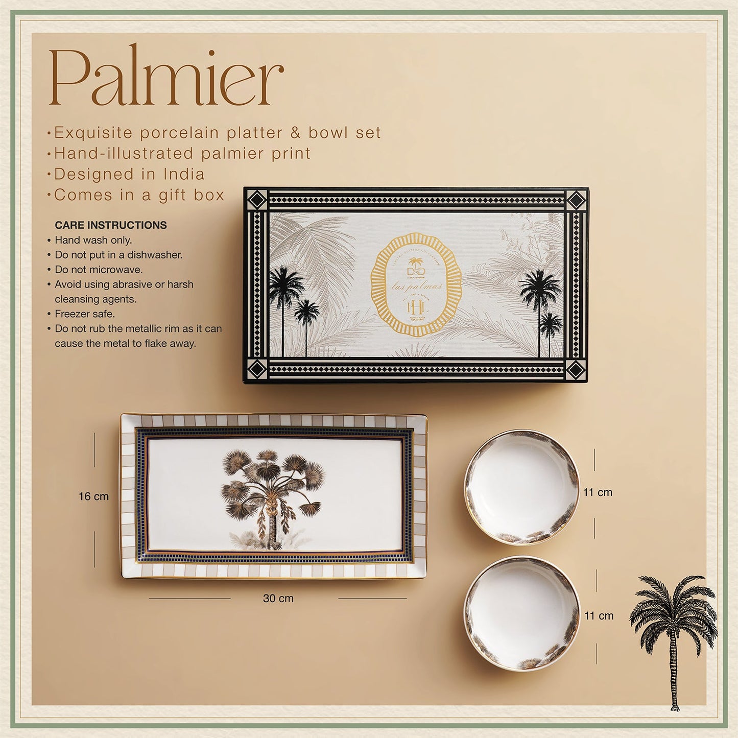 Beige & White Palmier Print Porcelain Tray with Bowls