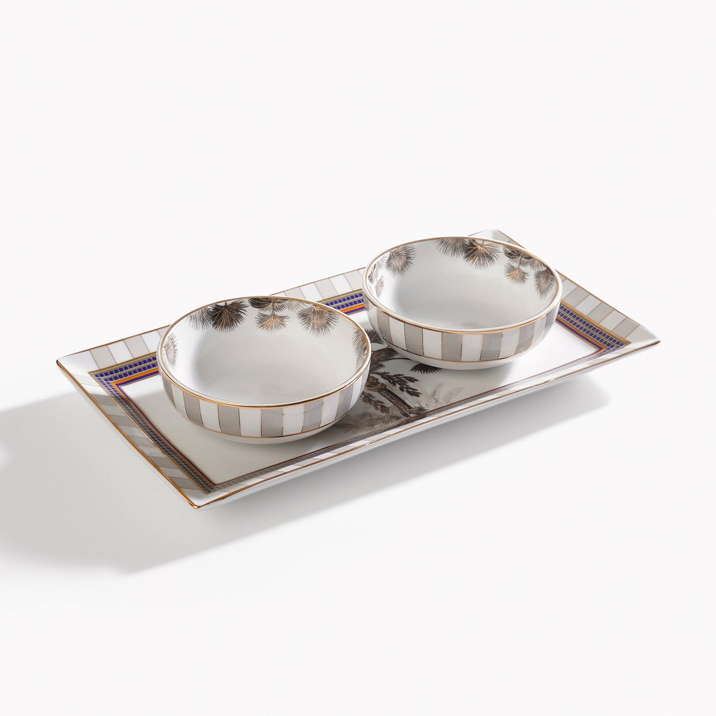Beige & White Palmier Print Porcelain Tray with Bowls