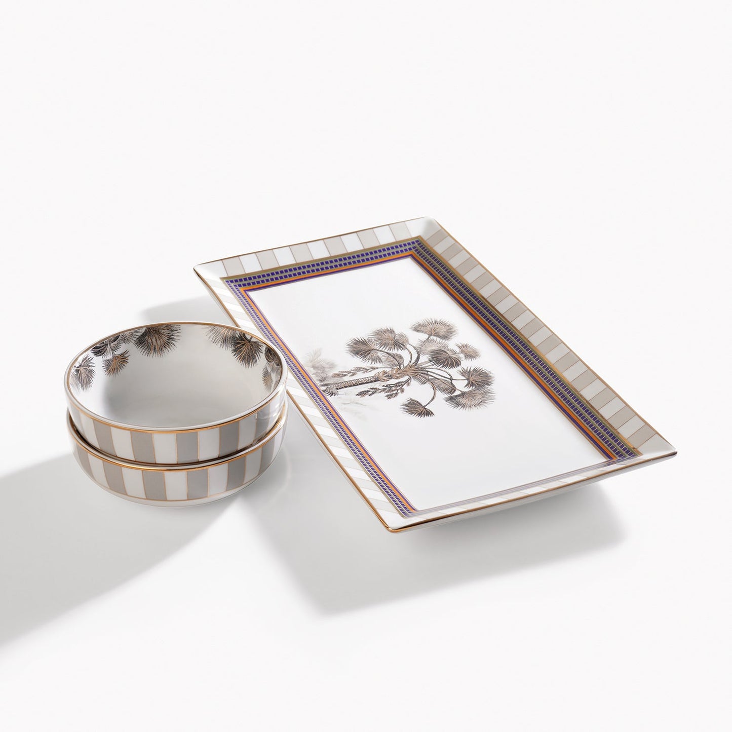 Beige & White Palmier Print Porcelain Tray with Bowls