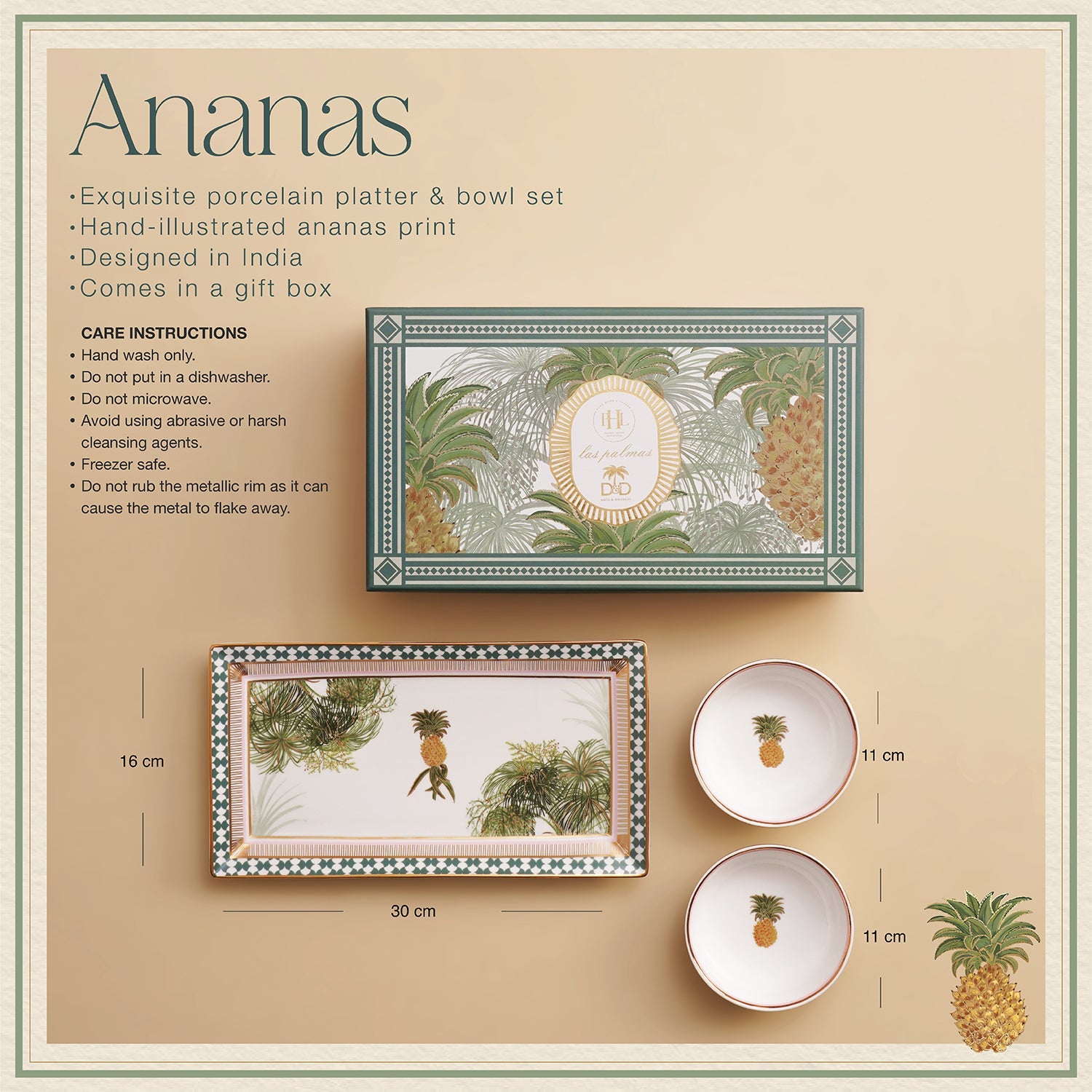 Multicoloured Ananas Print Porcelain Tray with Bowls
