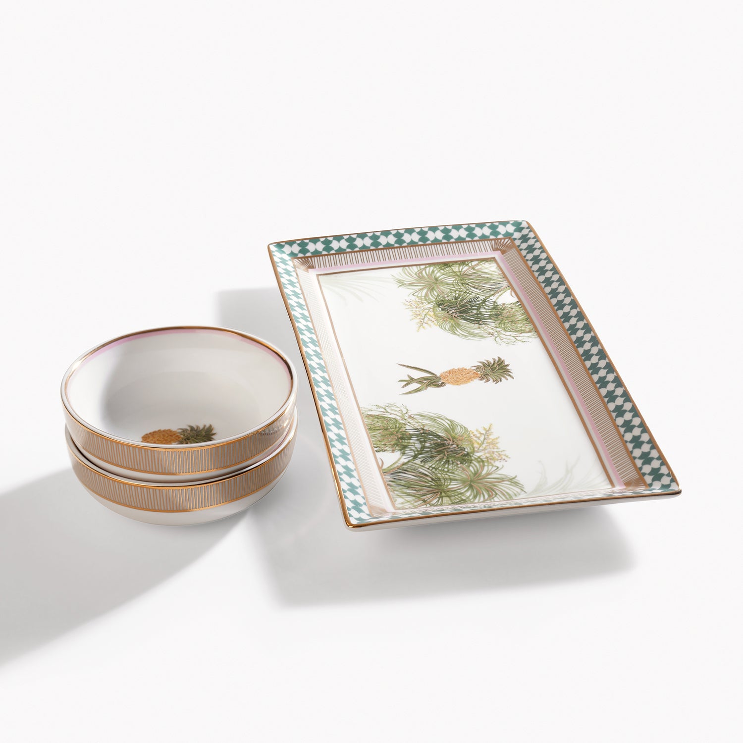 Multicoloured Ananas Print Porcelain Tray with Bowls