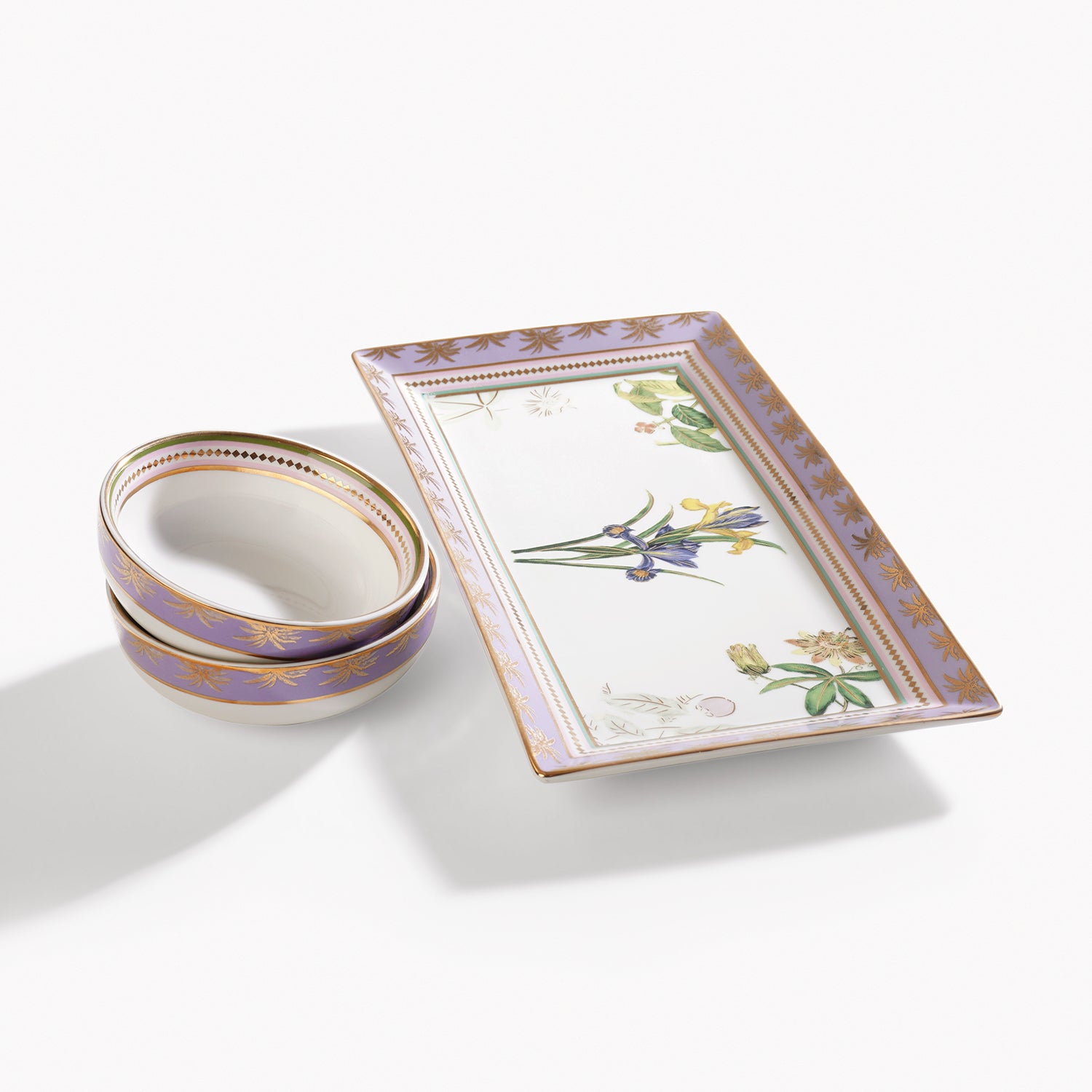 Lilac & White Gardenia Print Porcelain Tray with Bowls