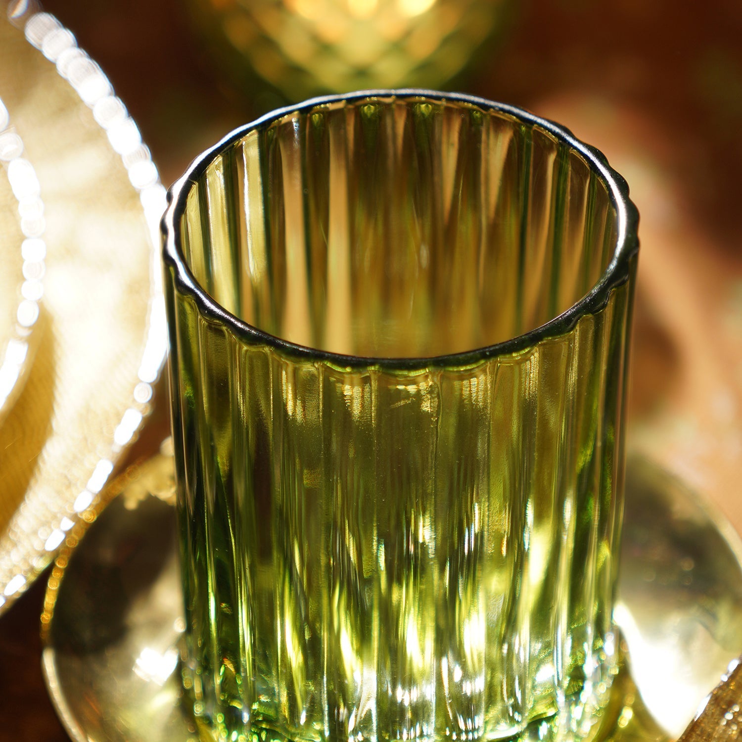 Green Textured Glass Candle Holder with Base