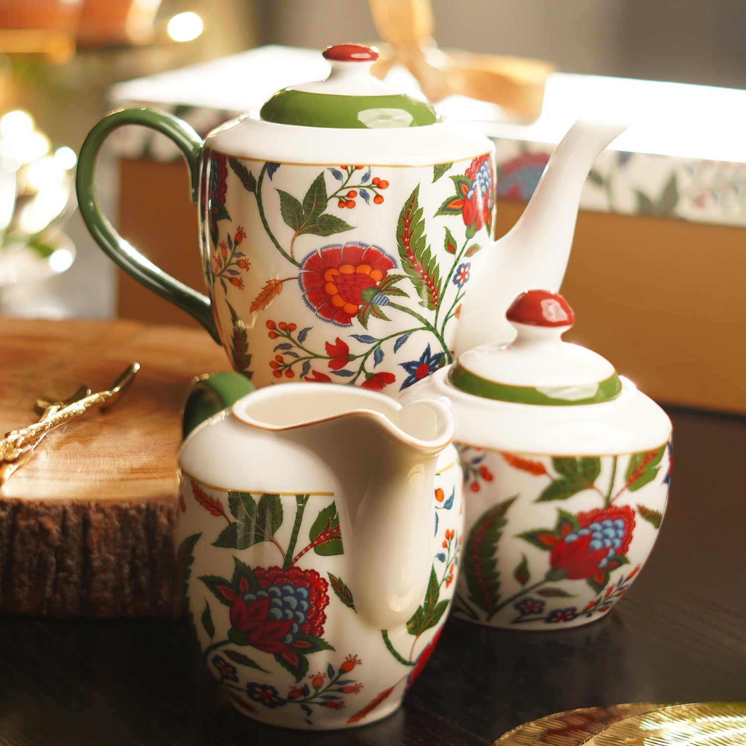 Multicoloured Bone China Floral Pattern Tea Set