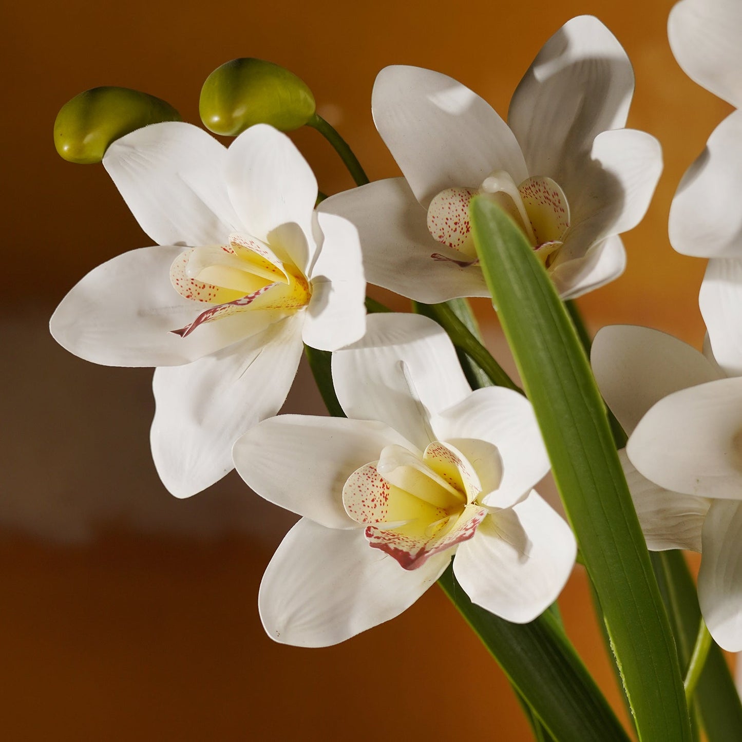 Ivory Artificial Cymbidium in Rattan Pot