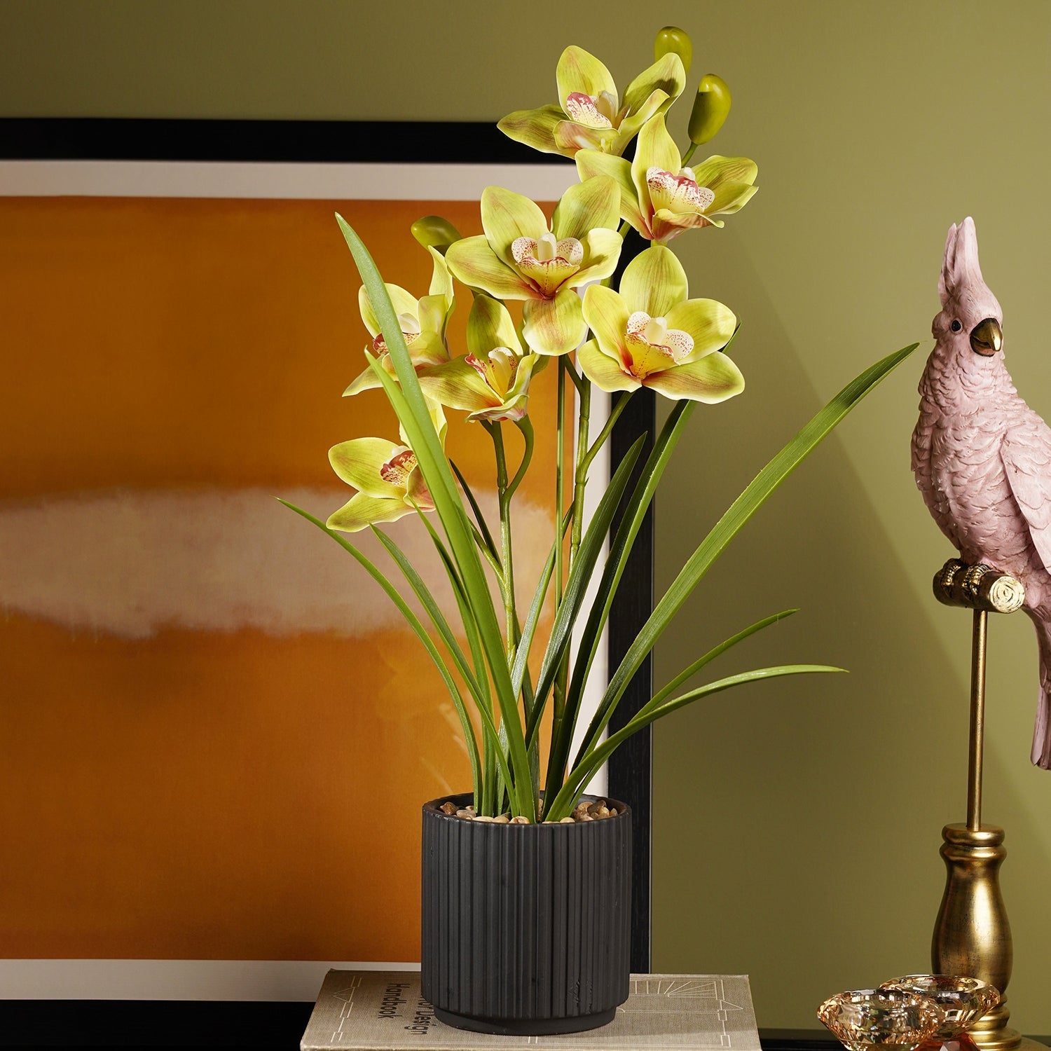 Green Artificial Cymbidium in Ceramic Pot