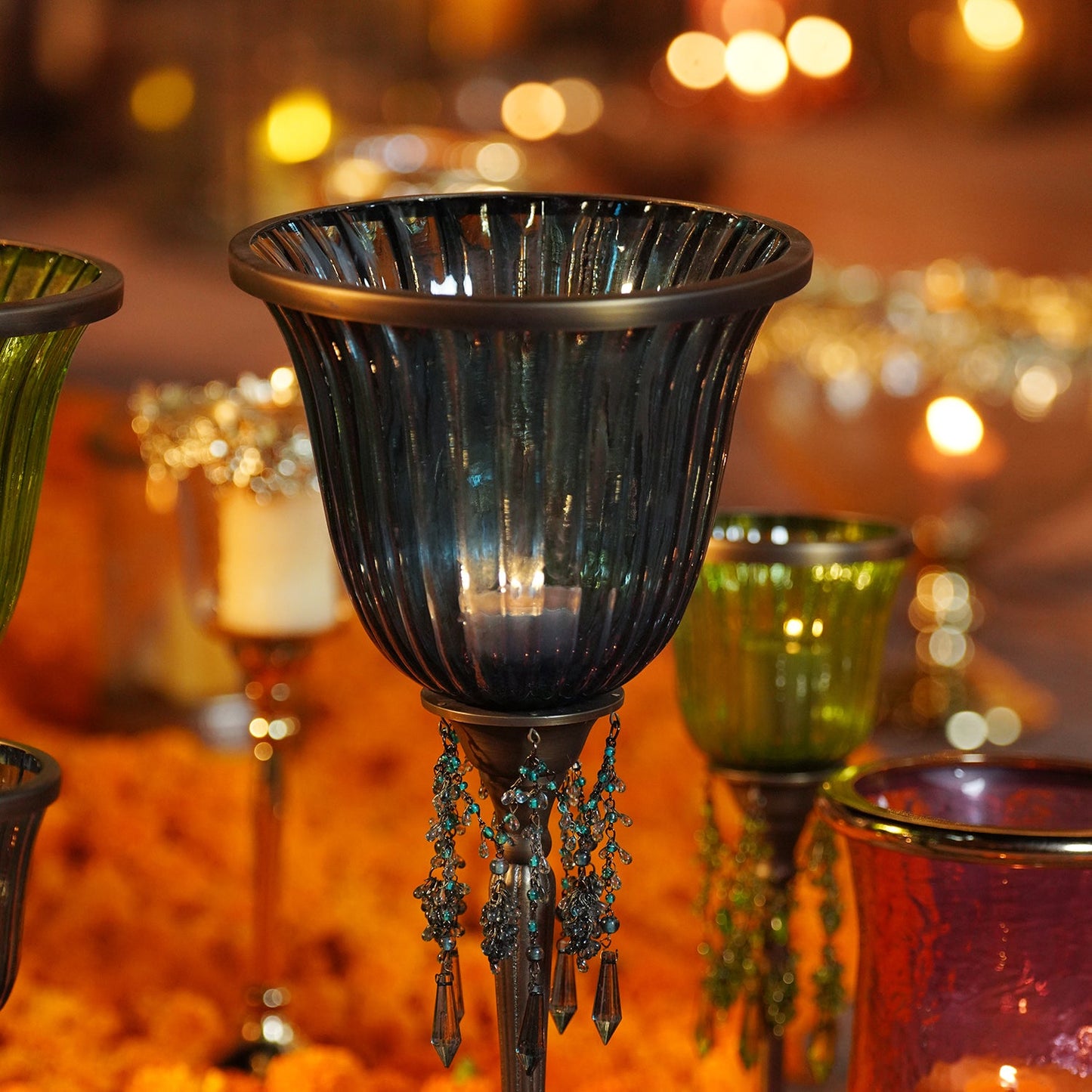 Blue Votive Candle Holder with Stand & Crystals - Large