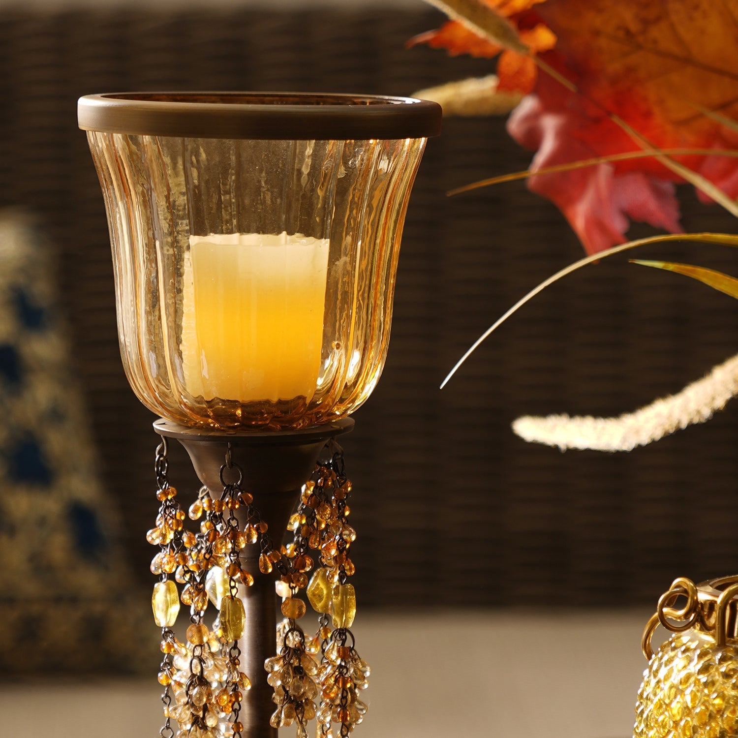 Amber Votive Candle Holder with Stand & Crystals - Small