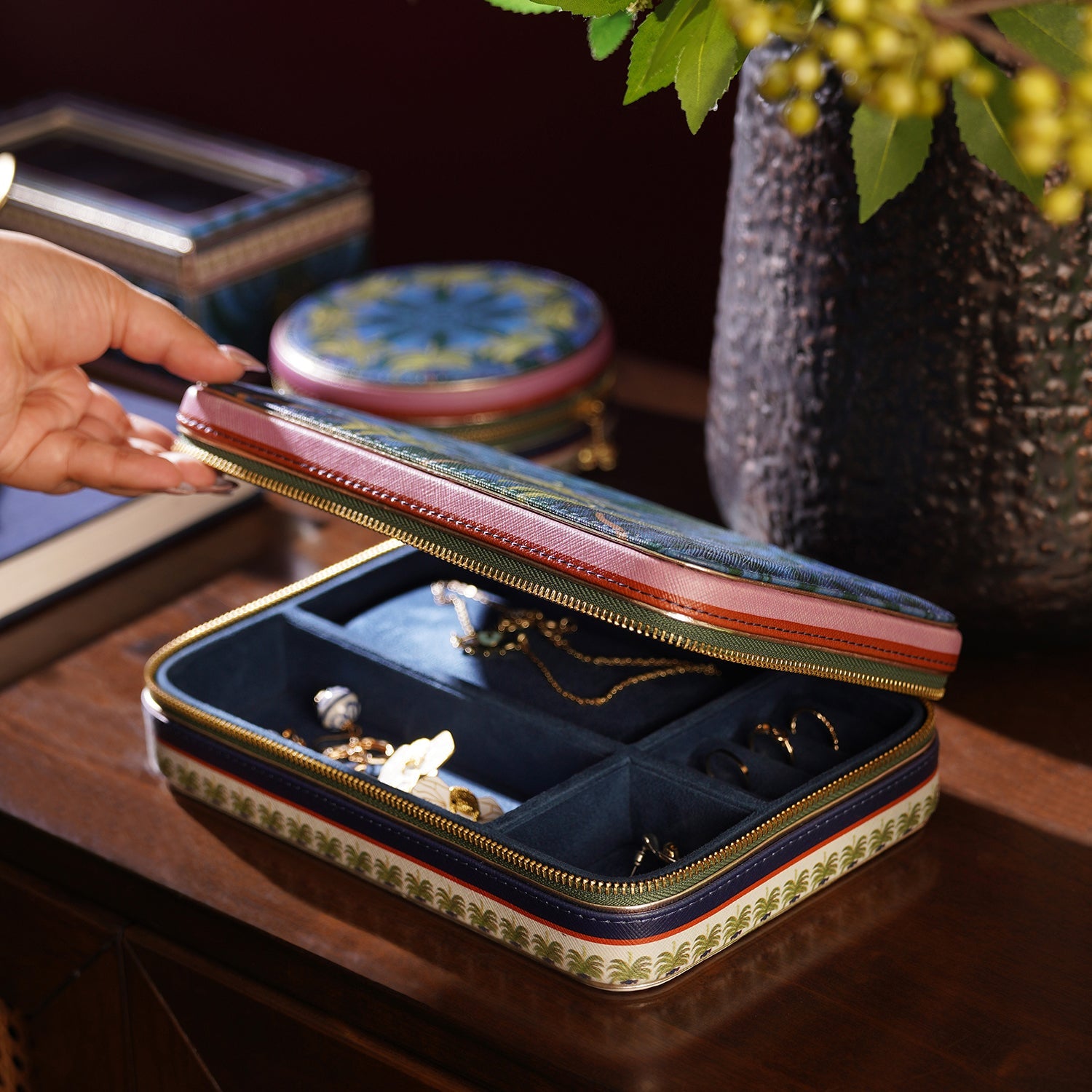 Dark Blue Palmas Print Faux Leather Jewellery Box