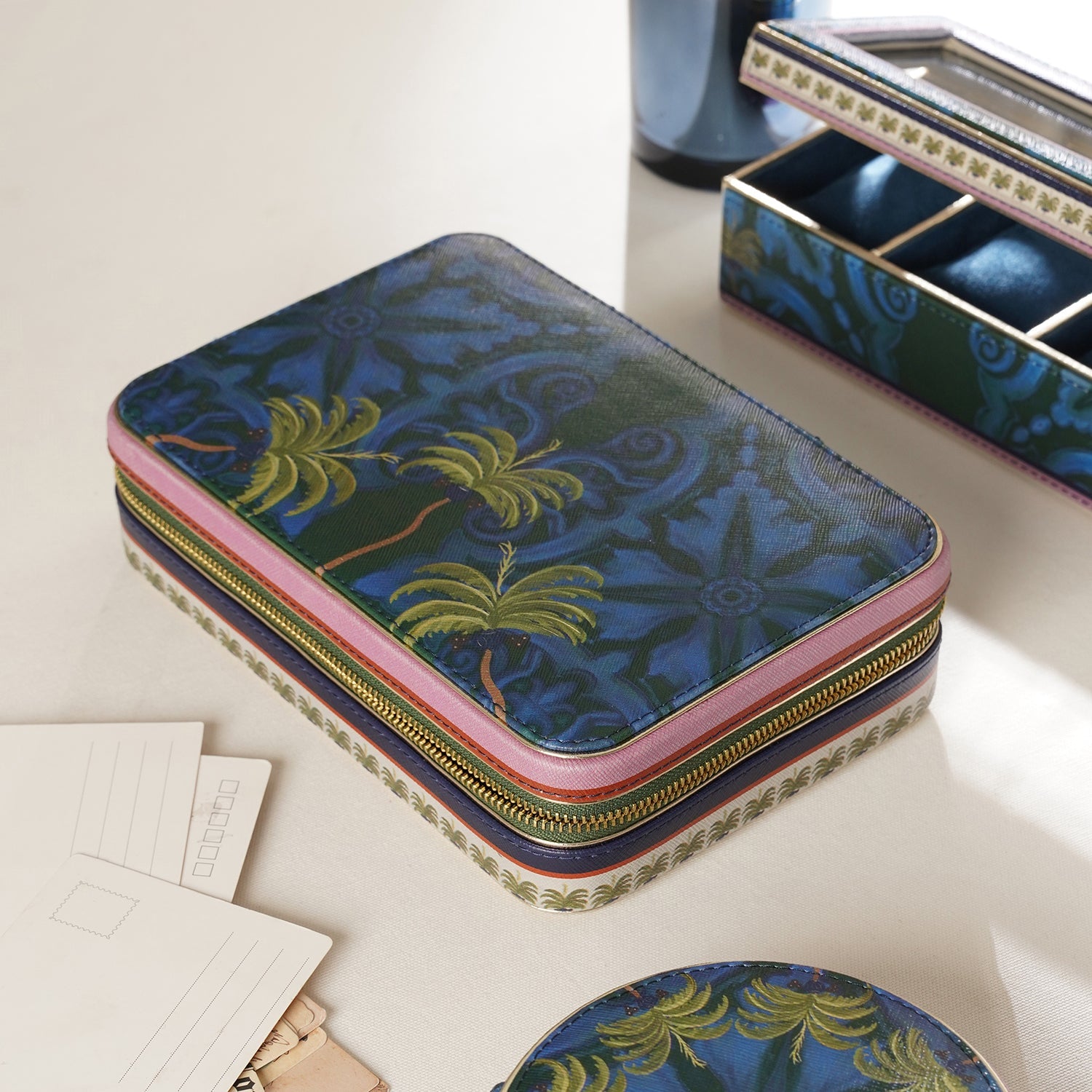 Dark Blue Palmas Print Faux Leather Jewellery Box