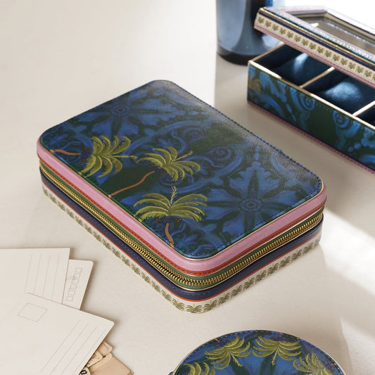 Dark Blue Palmas Print Faux Leather Jewellery Box