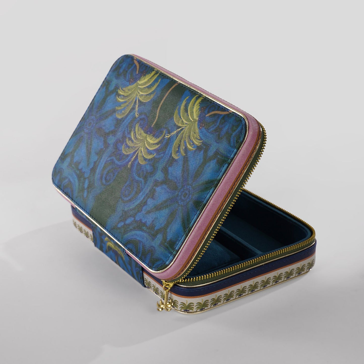 Dark Blue Palmas Print Faux Leather Jewellery Box