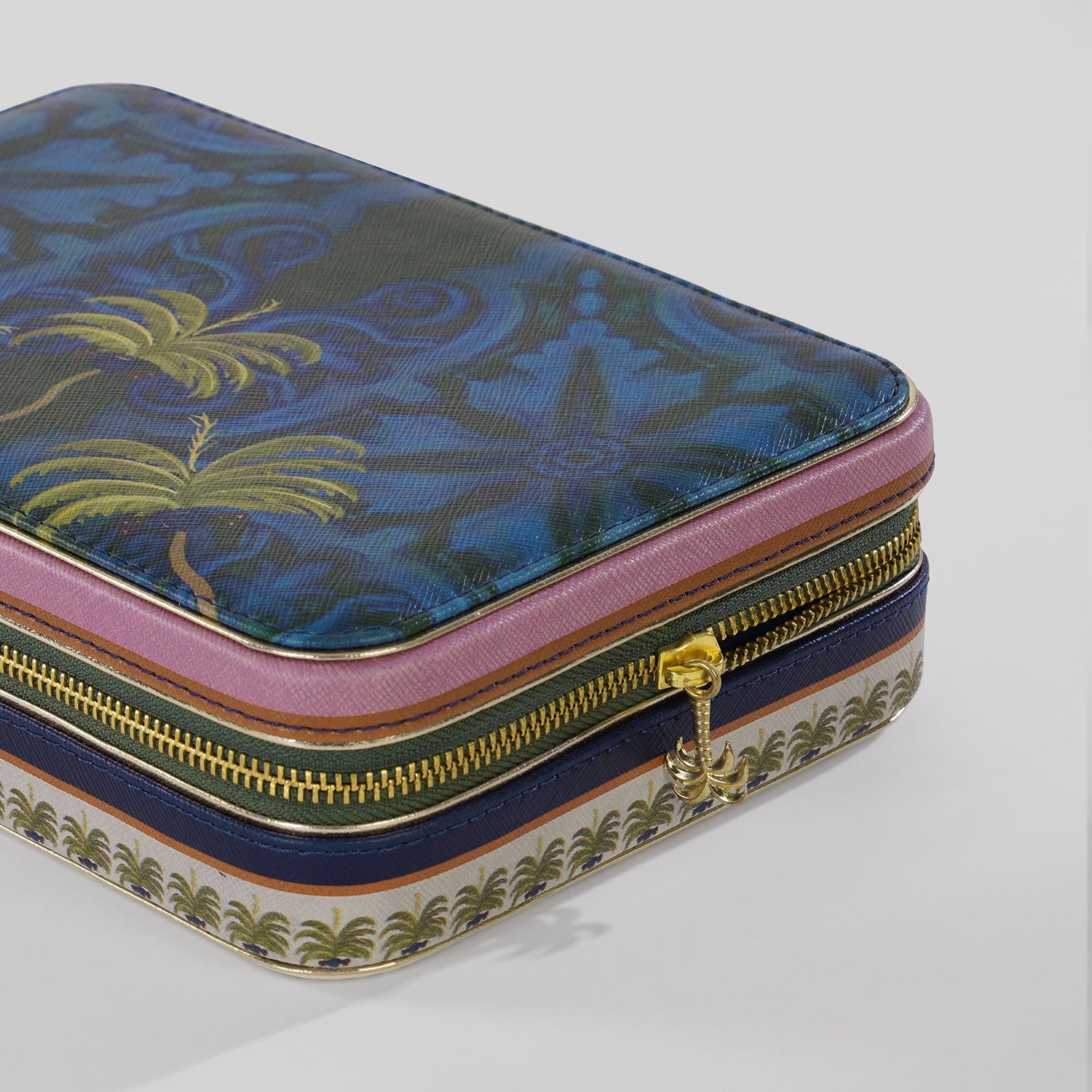 Dark Blue Palmas Print Faux Leather Jewellery Box