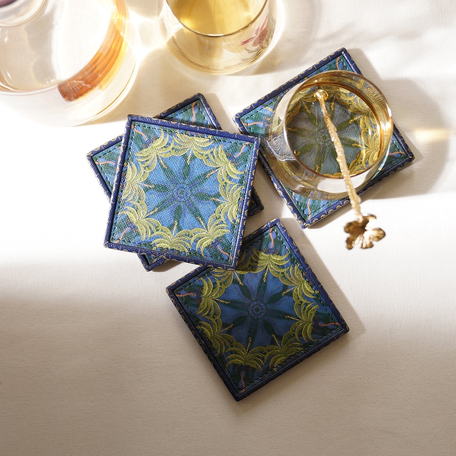 Set of 4 Dark Blue Palmas Printed Faux Leather Coasters