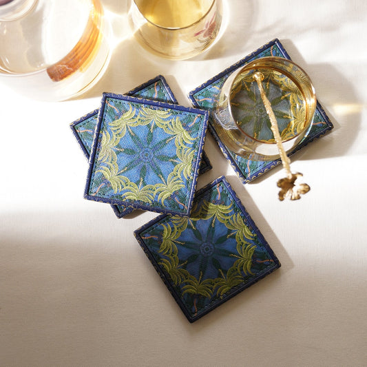 Set of 4 Dark Blue Palmas Printed Faux Leather Coasters