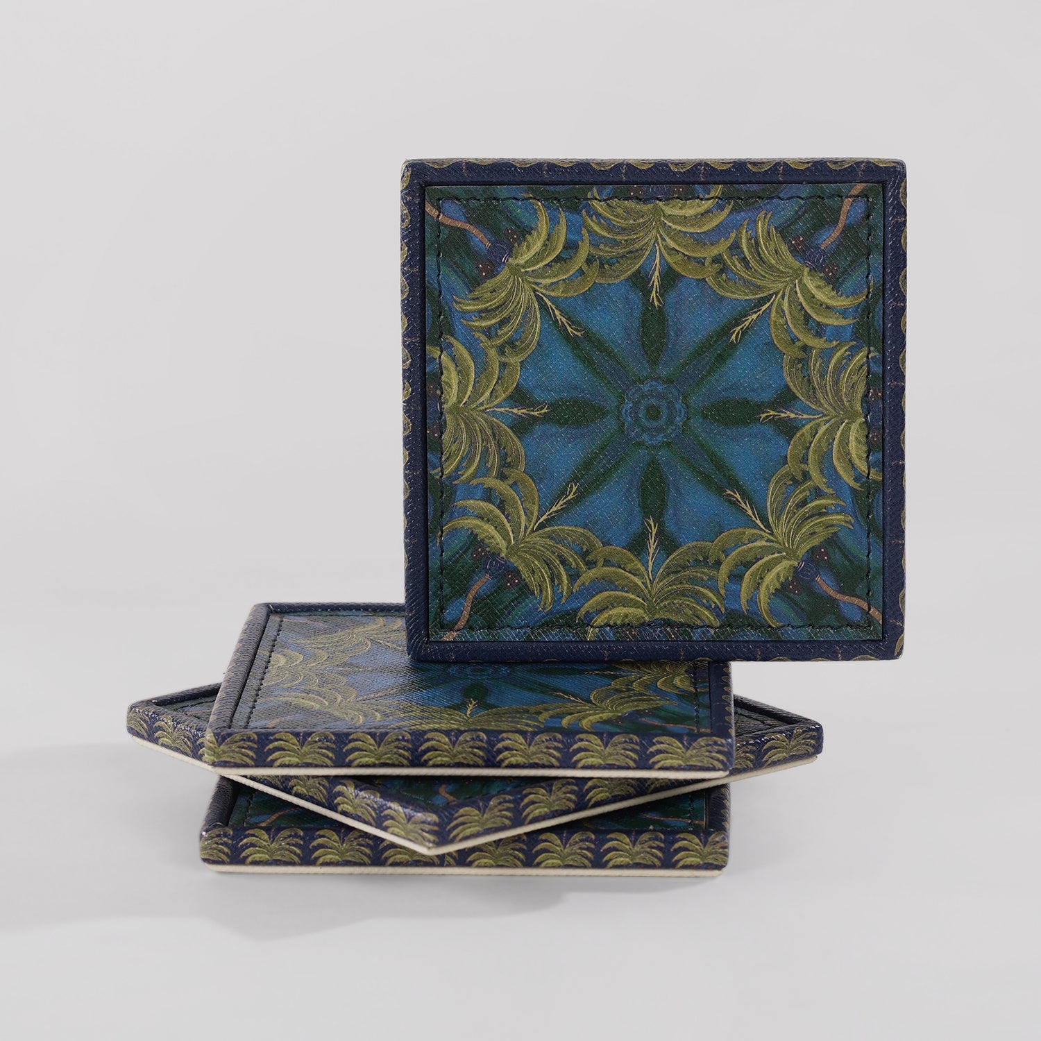 Set of 4 Dark Blue Palmas Printed Faux Leather Coasters