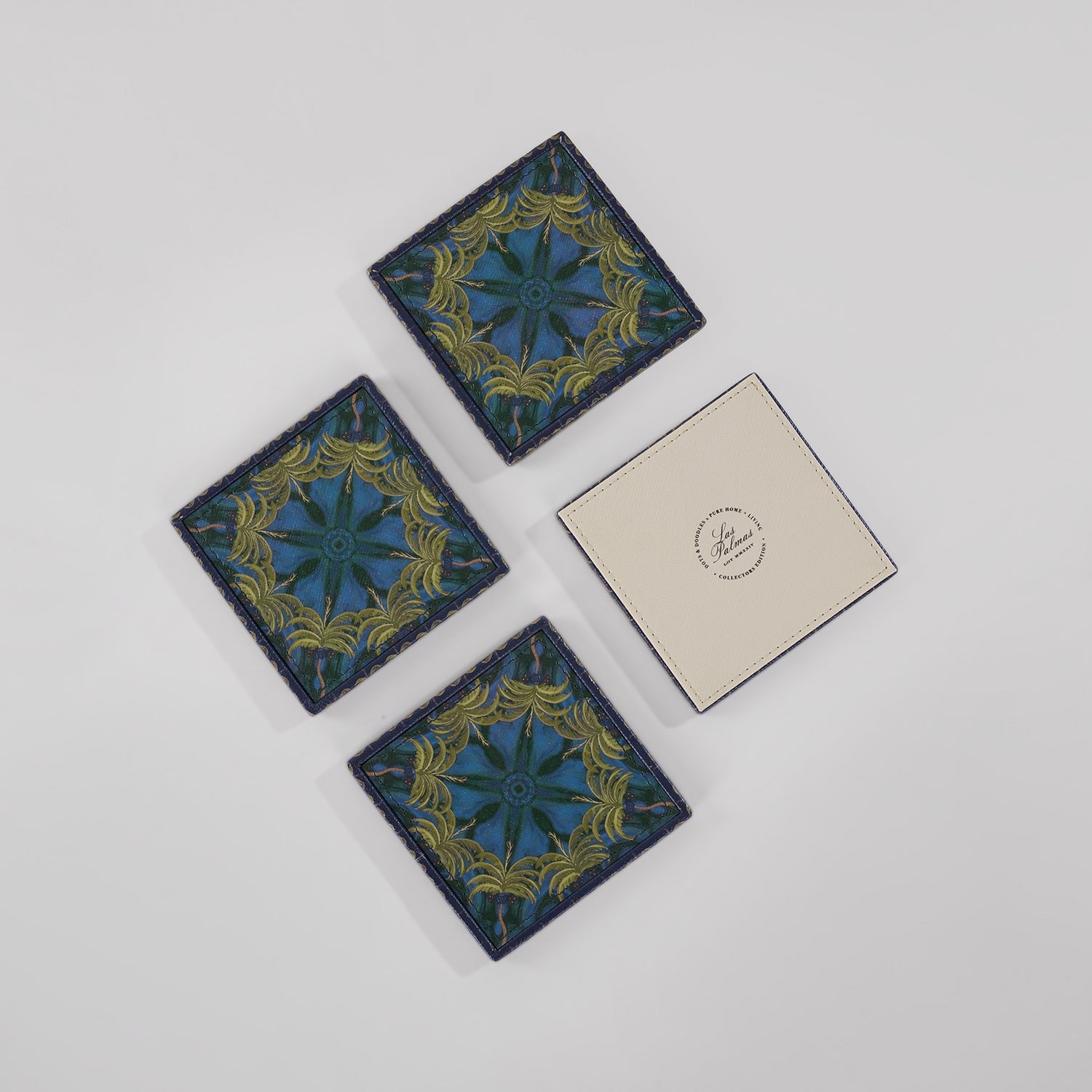 Set of 4 Dark Blue Palmas Printed Faux Leather Coasters