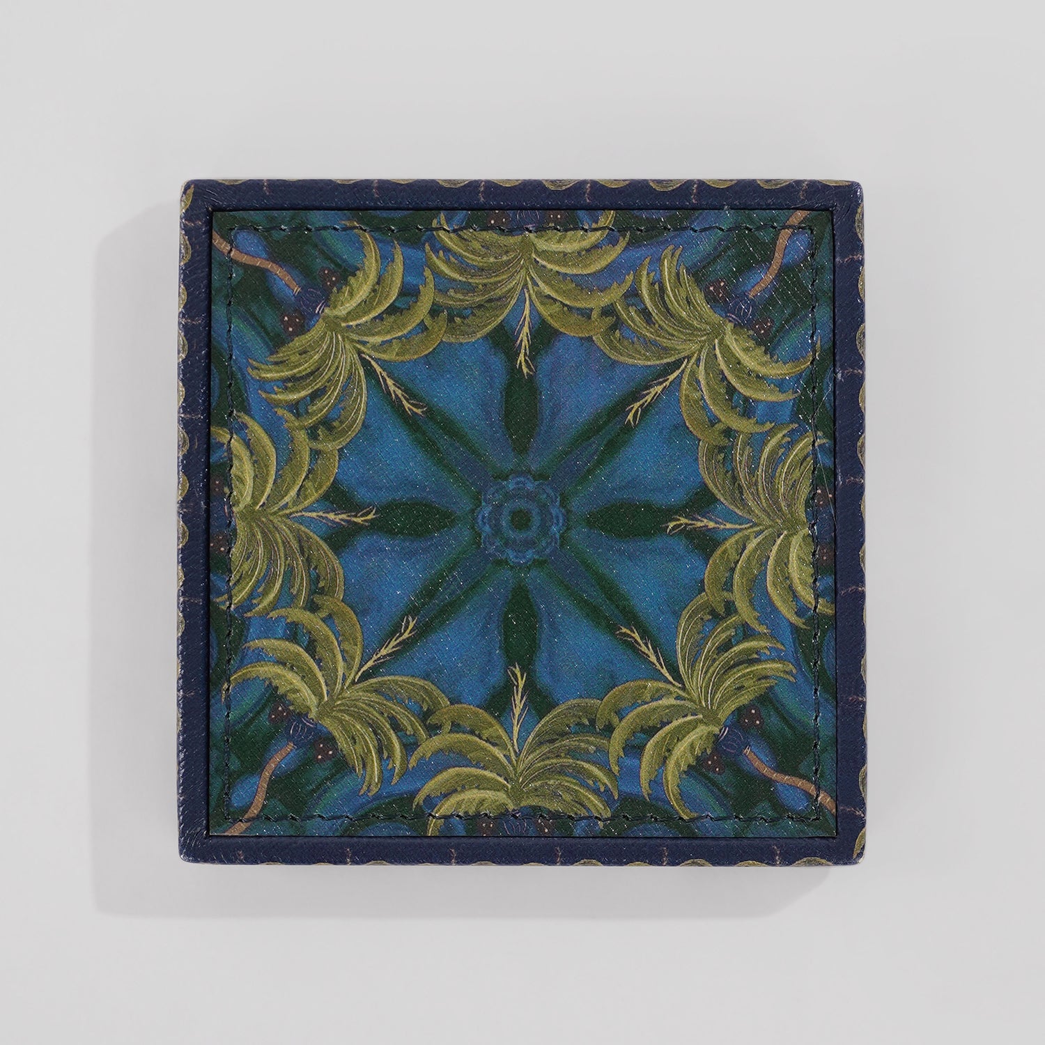 Set of 4 Dark Blue Palmas Printed Faux Leather Coasters