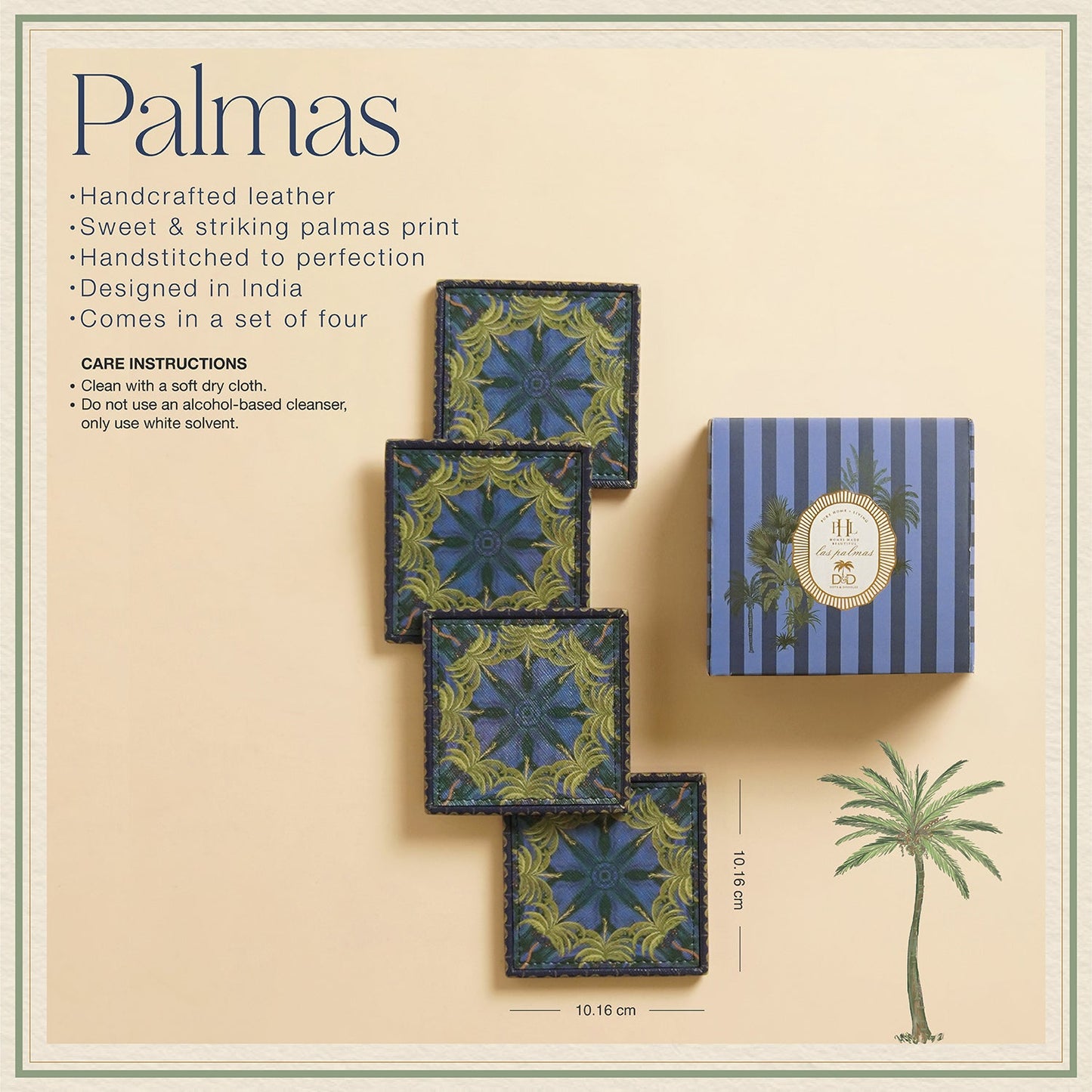 Set of 4 Dark Blue Palmas Printed Faux Leather Coasters