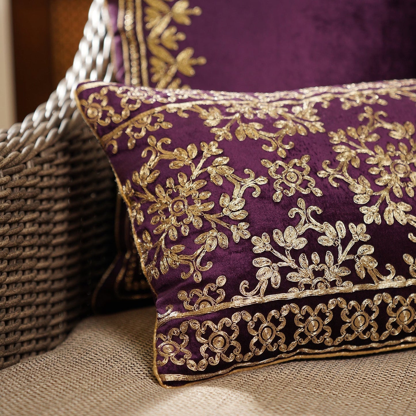 Purple Zari Embroidered Velvet Rectangle Cushion Cover