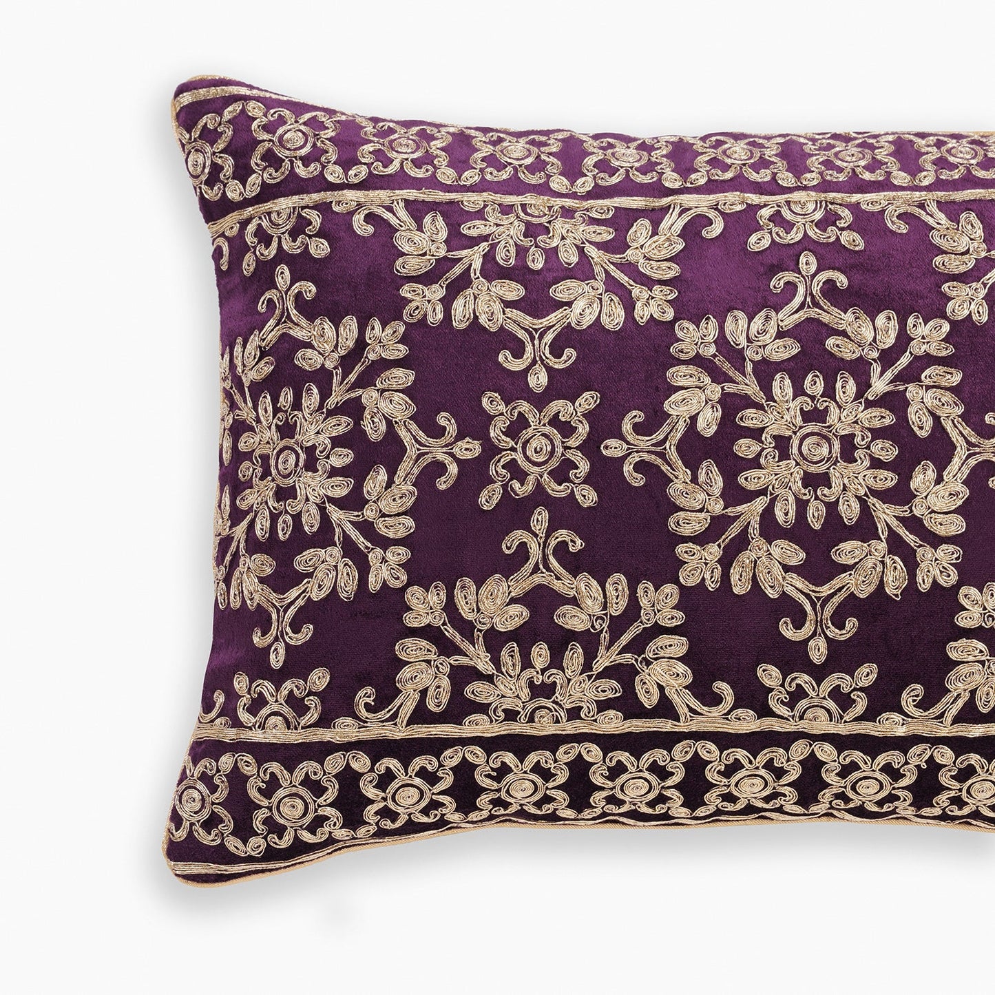 Purple Zari Embroidered Velvet Rectangle Cushion Cover